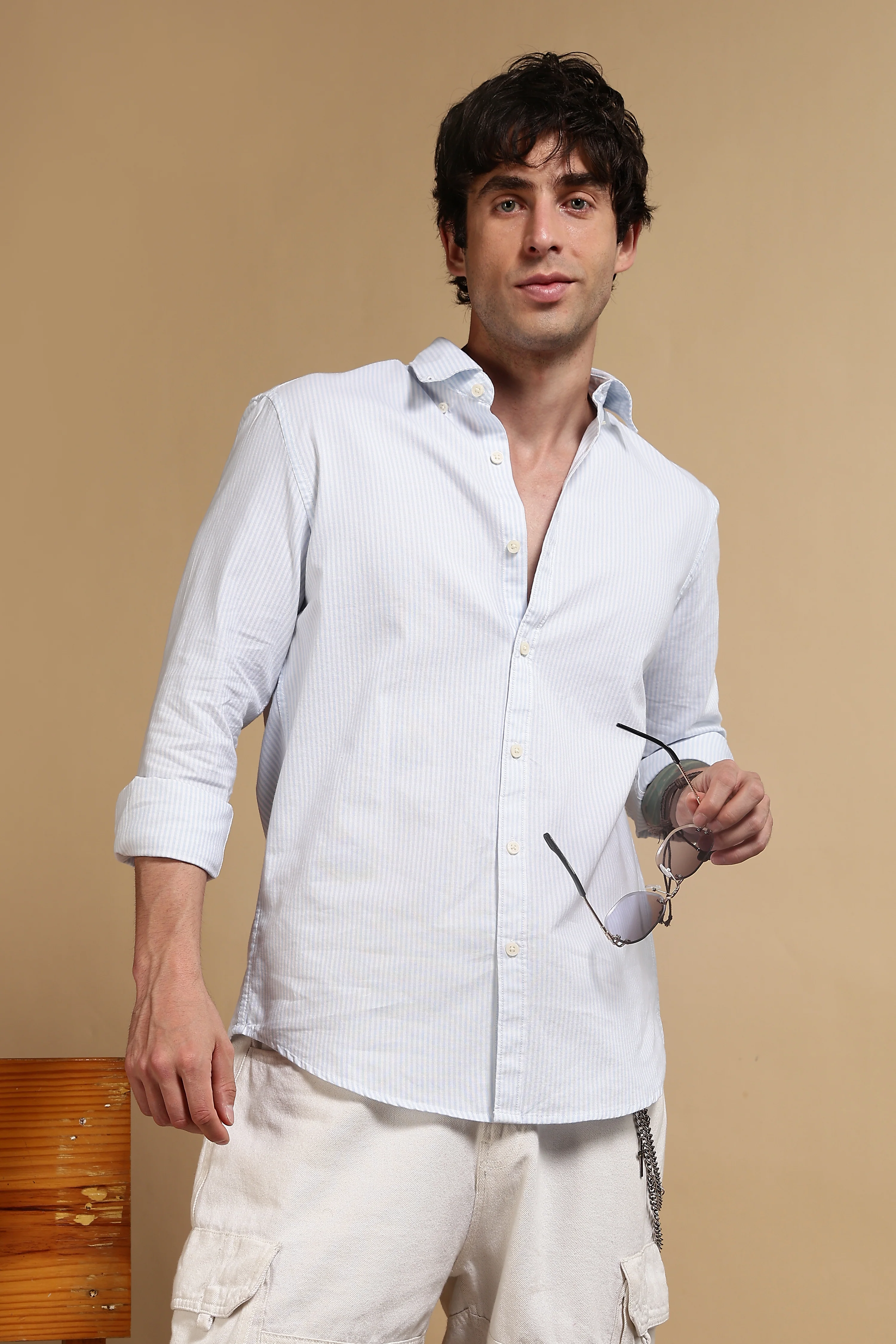 Men Blue Cotton Oxford Slim Fit Striped Shirt - Image 7