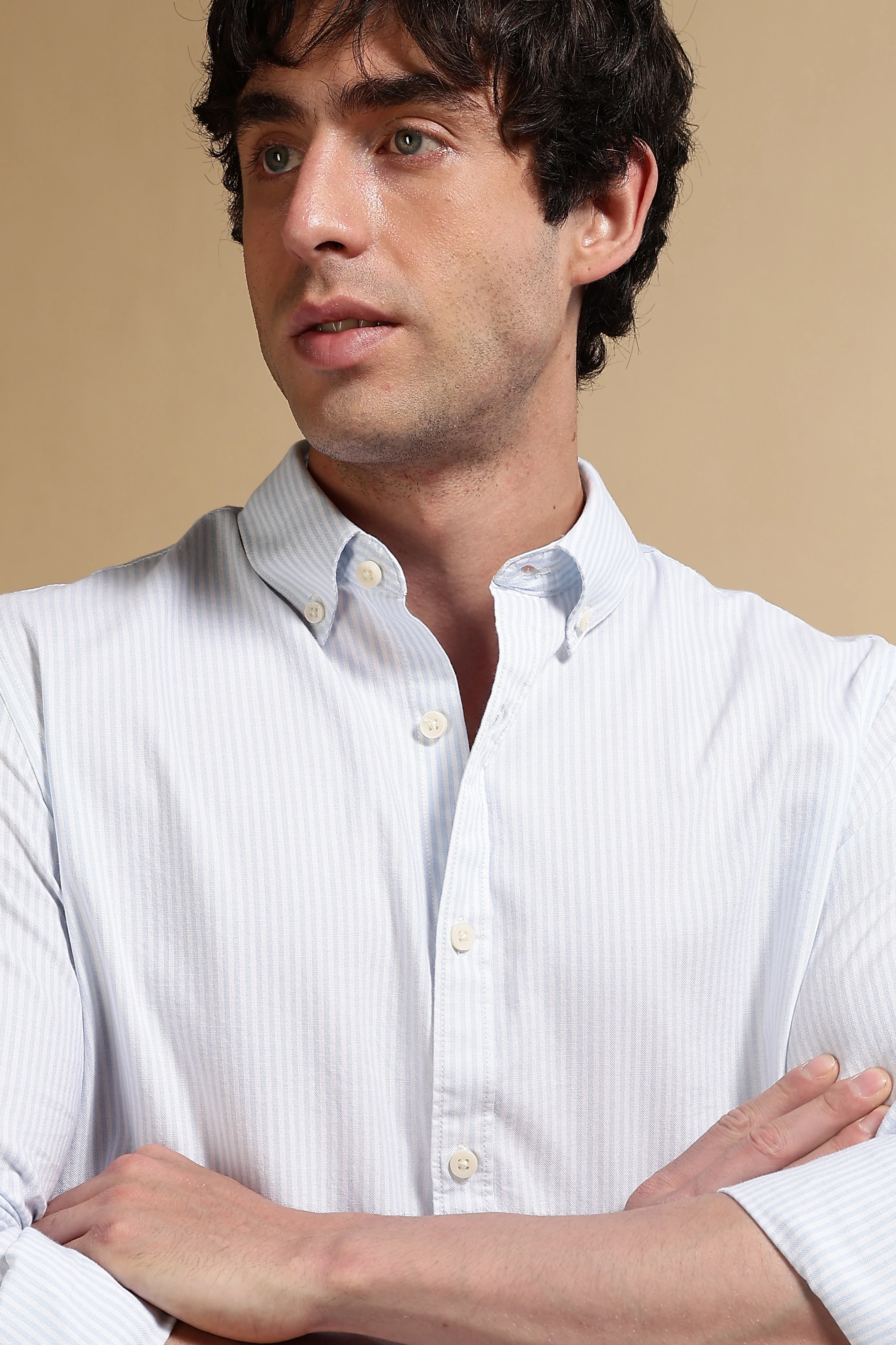 Men Blue Cotton Oxford Slim Fit Striped Shirt - Image 9