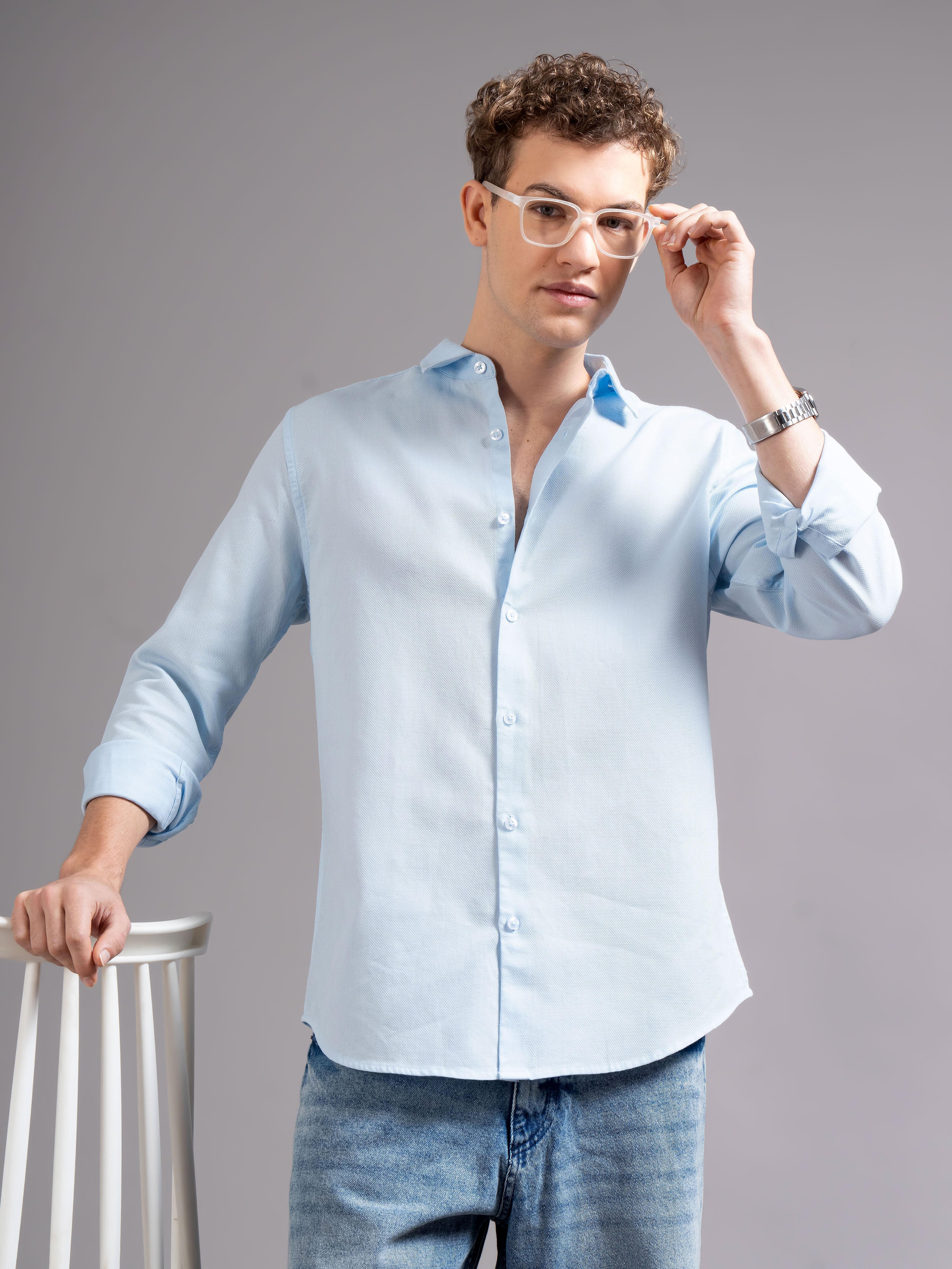 Men Blue Cotton Shirt - Image 4