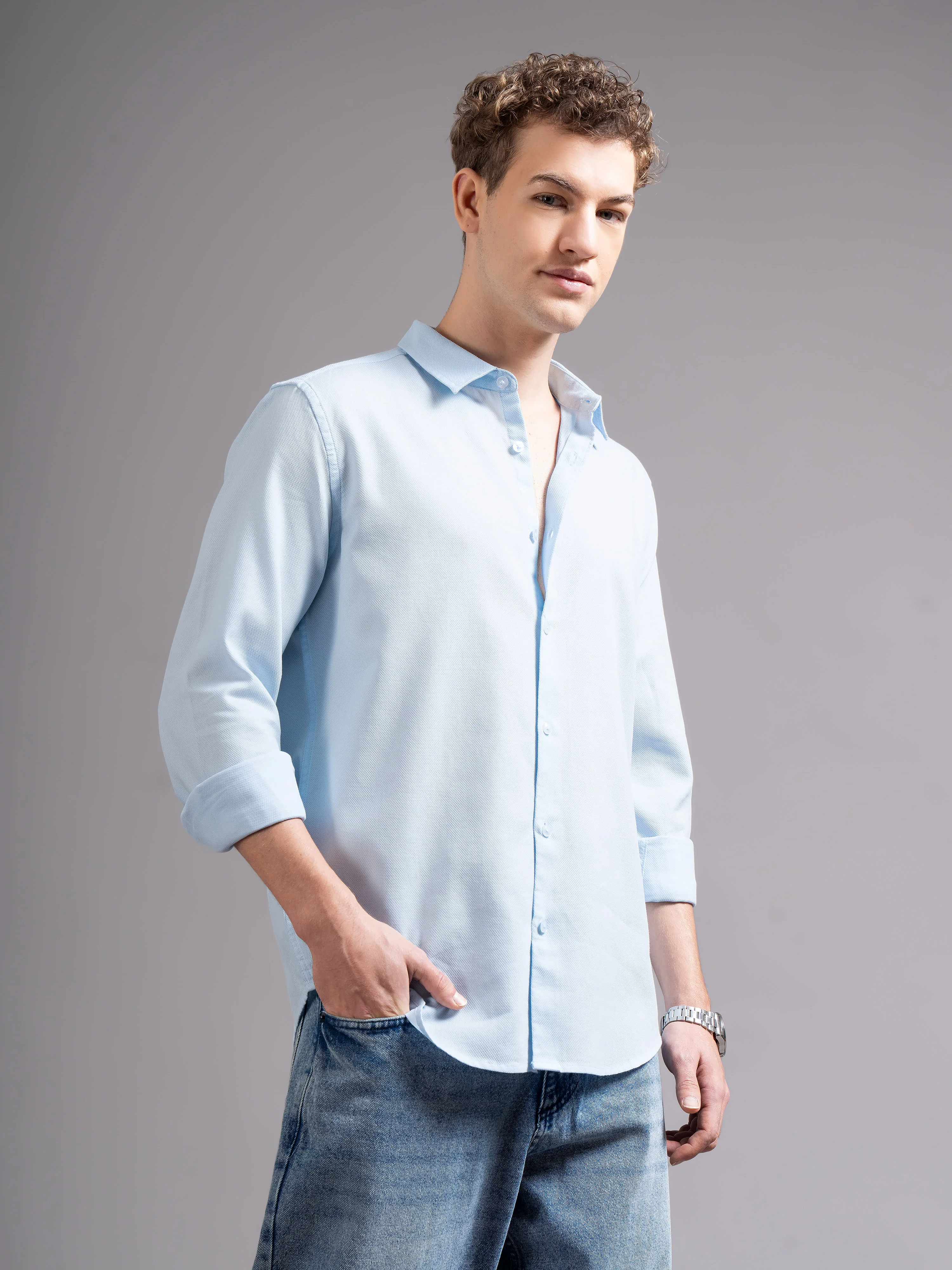 Men Blue Cotton Shirt - Image 6