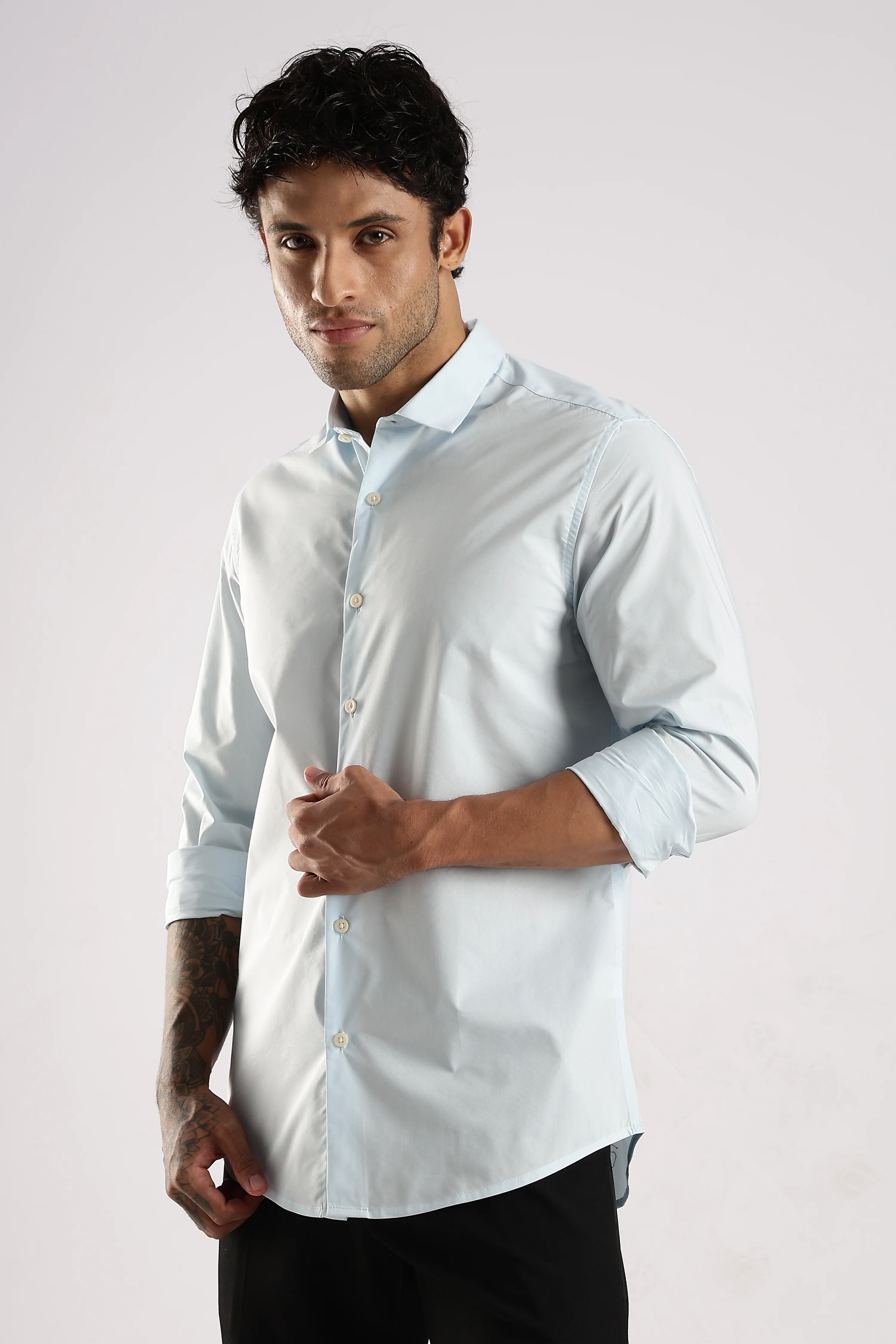 Men Blue Cotton Slim Fit Shirt - Image 4