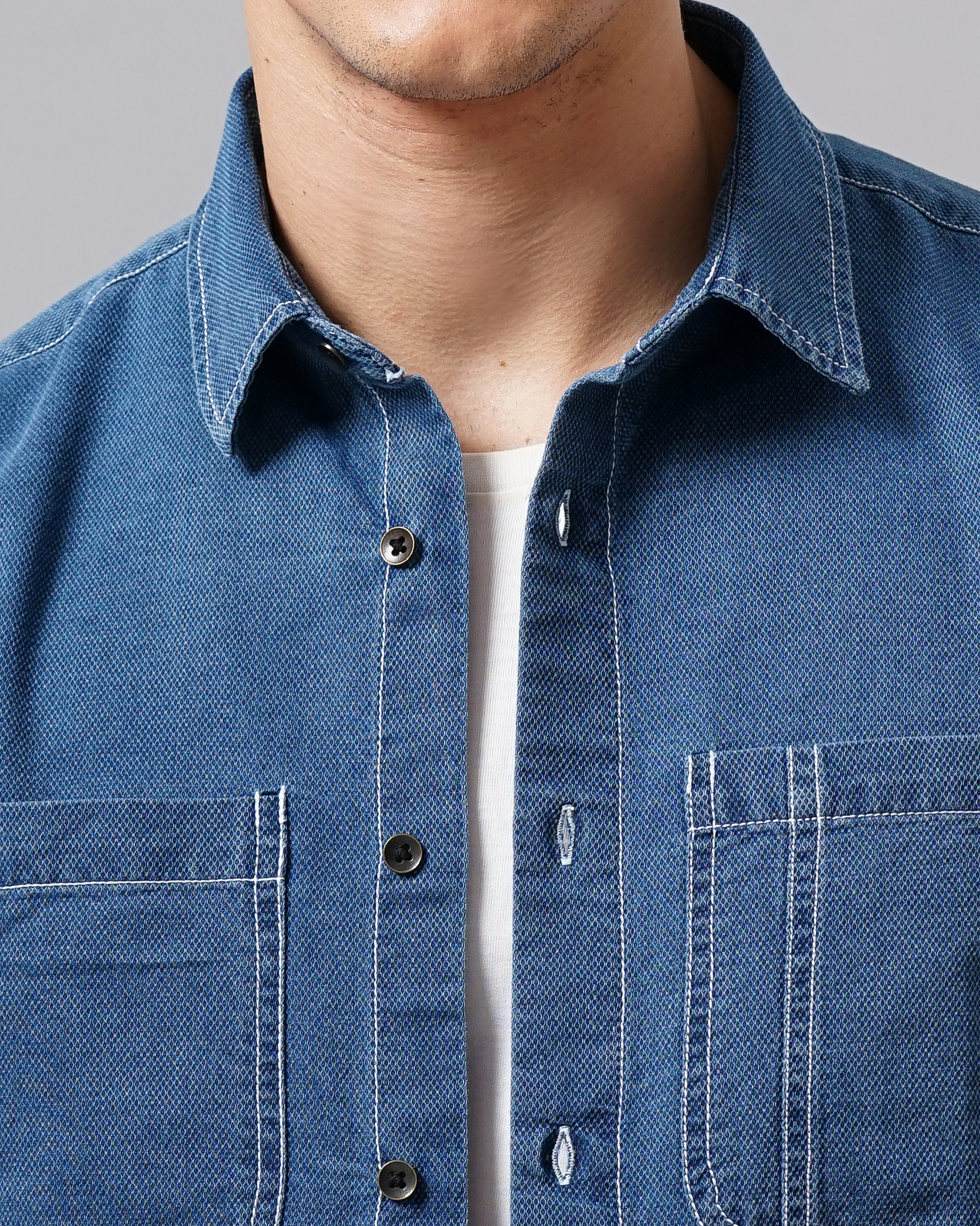 Men Blue Cotton Slim Shirt - Image 2