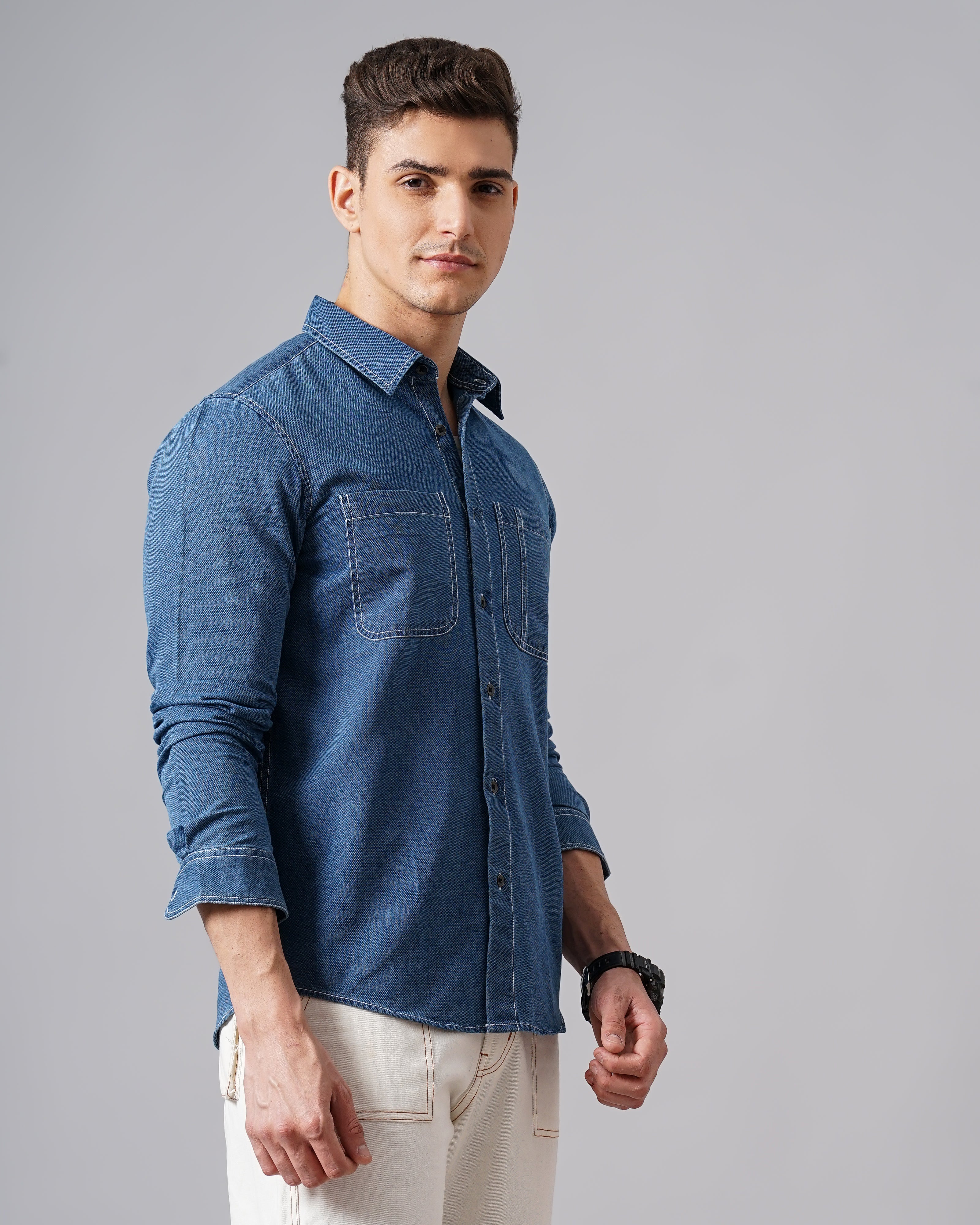 Men Blue Cotton Slim Shirt - Image 3