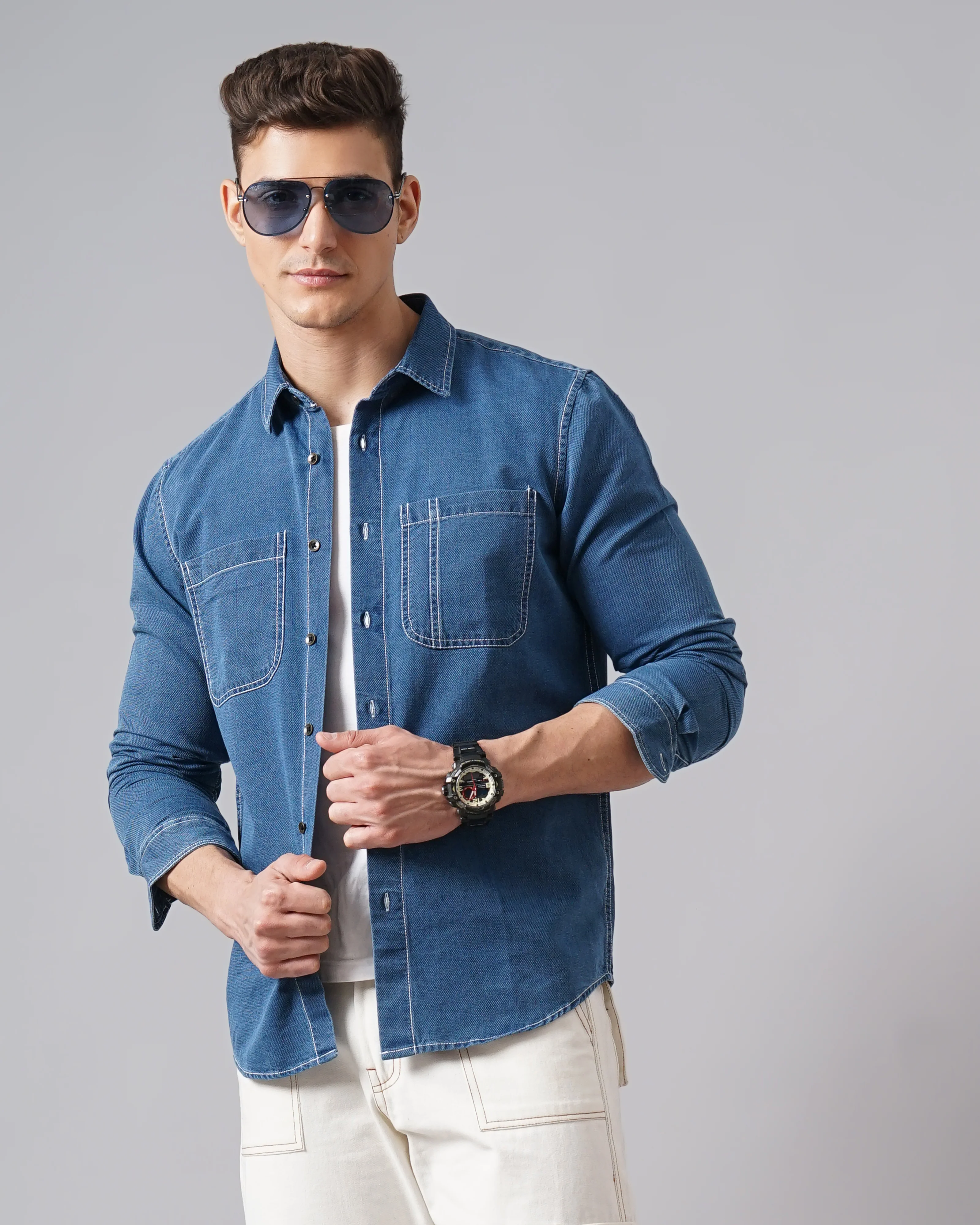 Men Blue Cotton Slim Shirt - Image 4