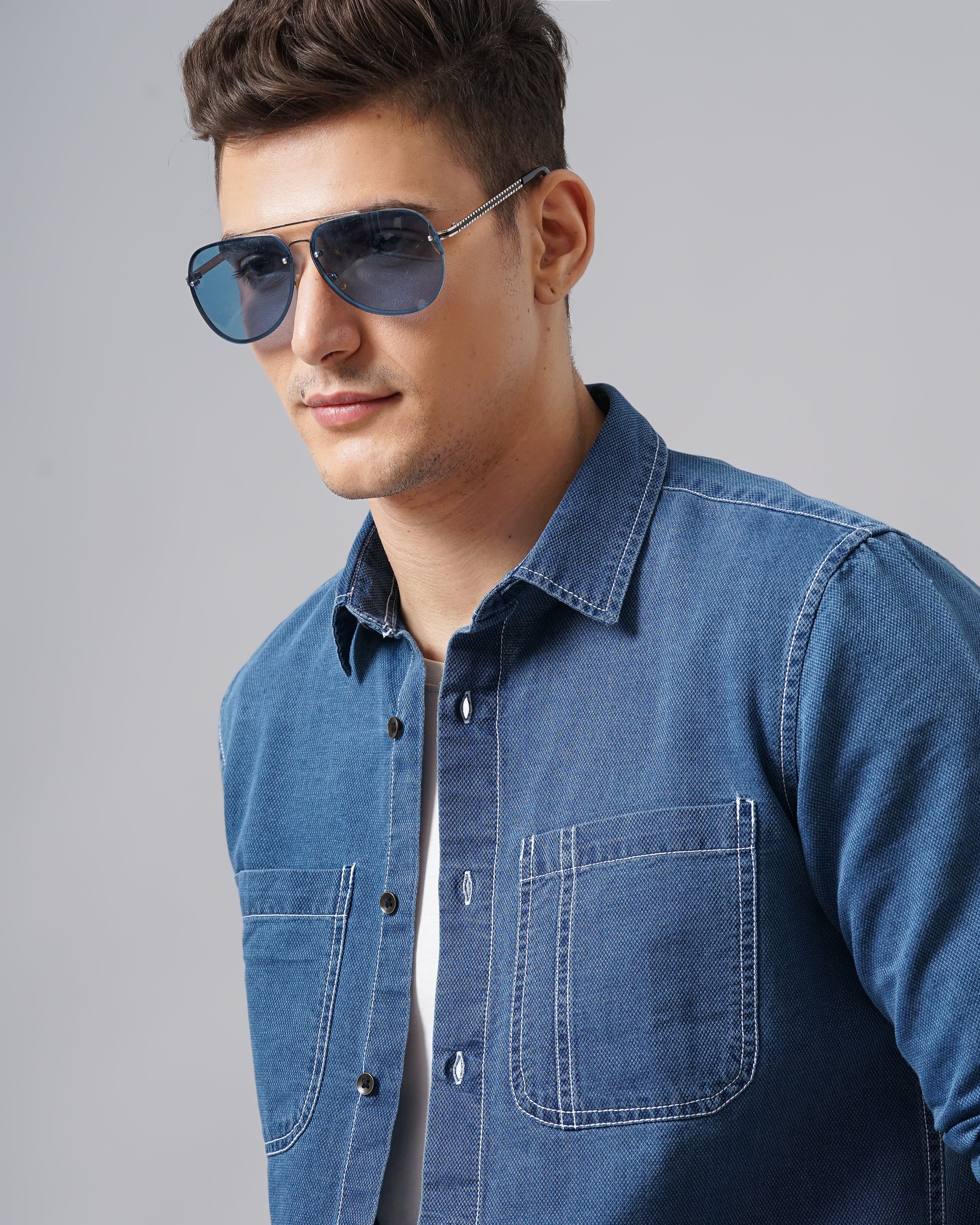 Men Blue Cotton Slim Shirt - Image 5