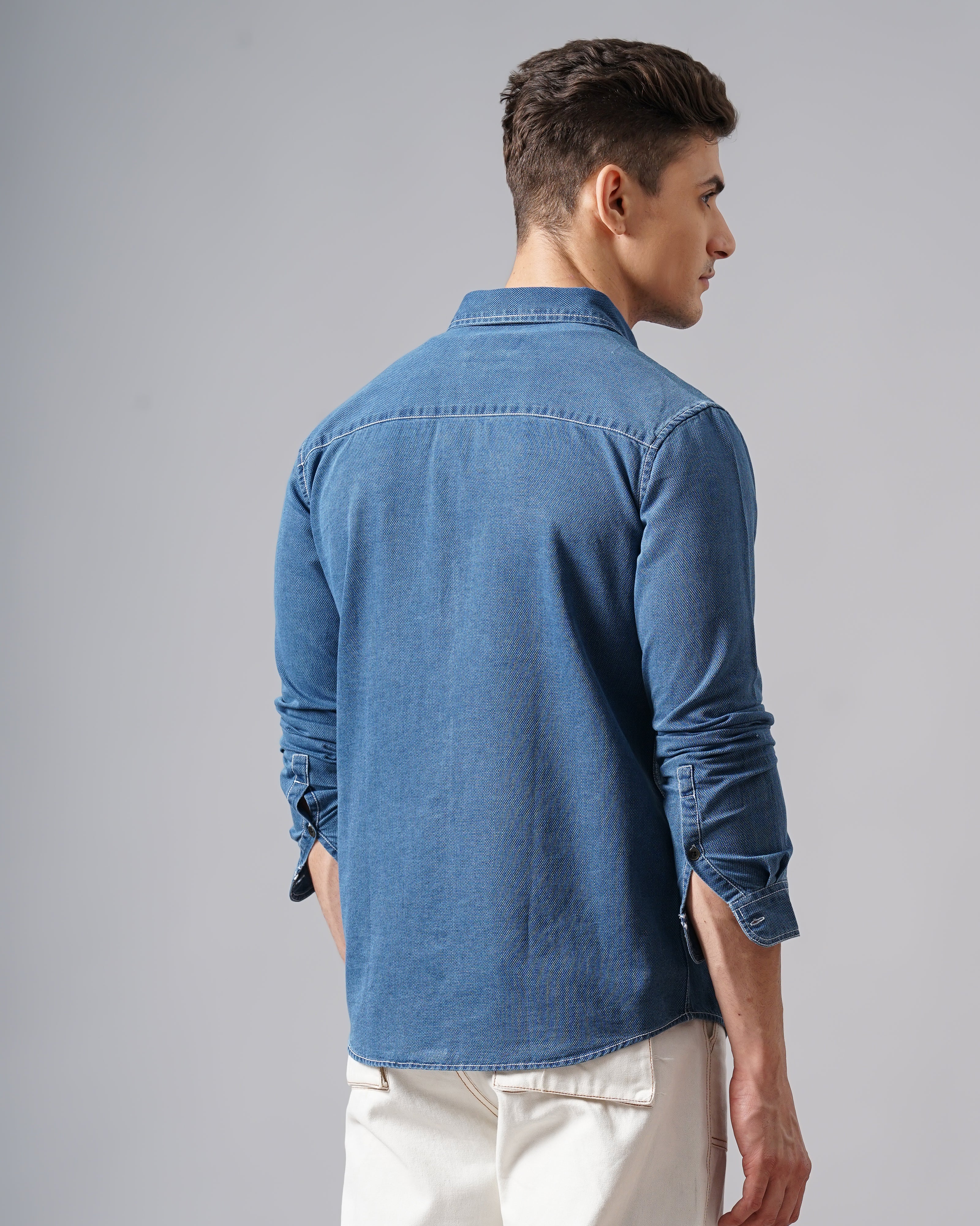 Men Blue Cotton Slim Shirt - Image 6