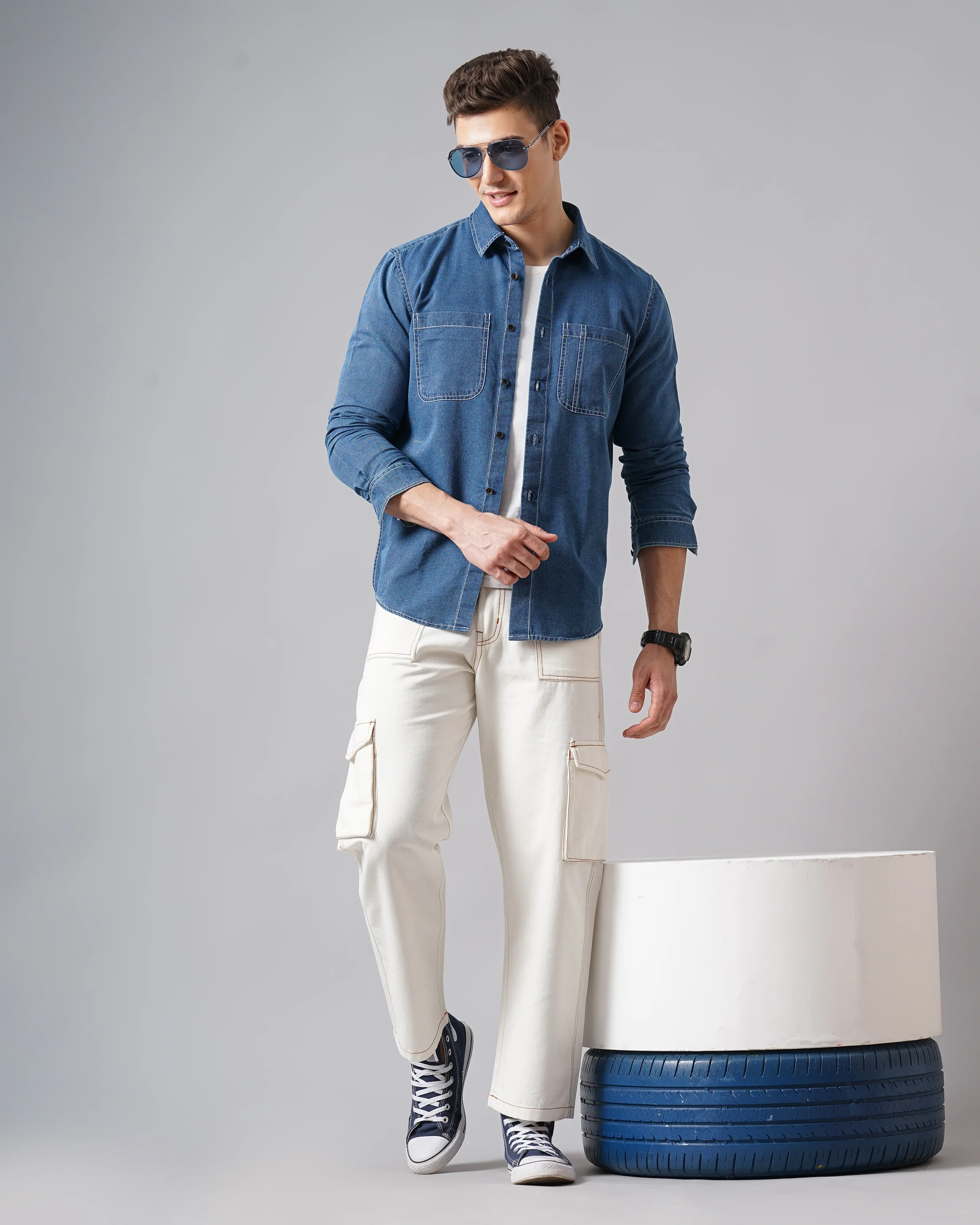 Men Blue Cotton Slim Shirt - Image 7
