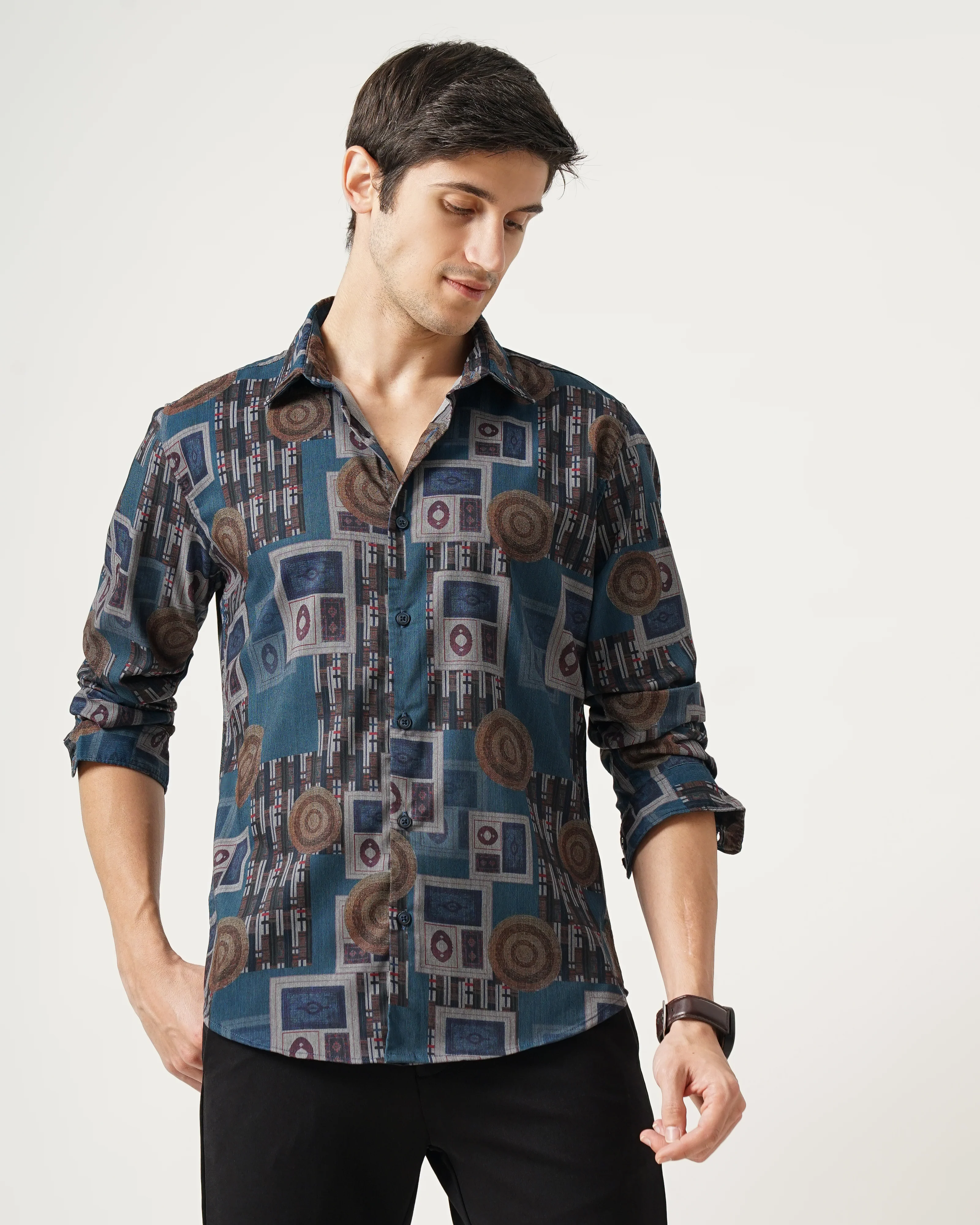 Men Blue Cotton Slim Shirt - Image 5