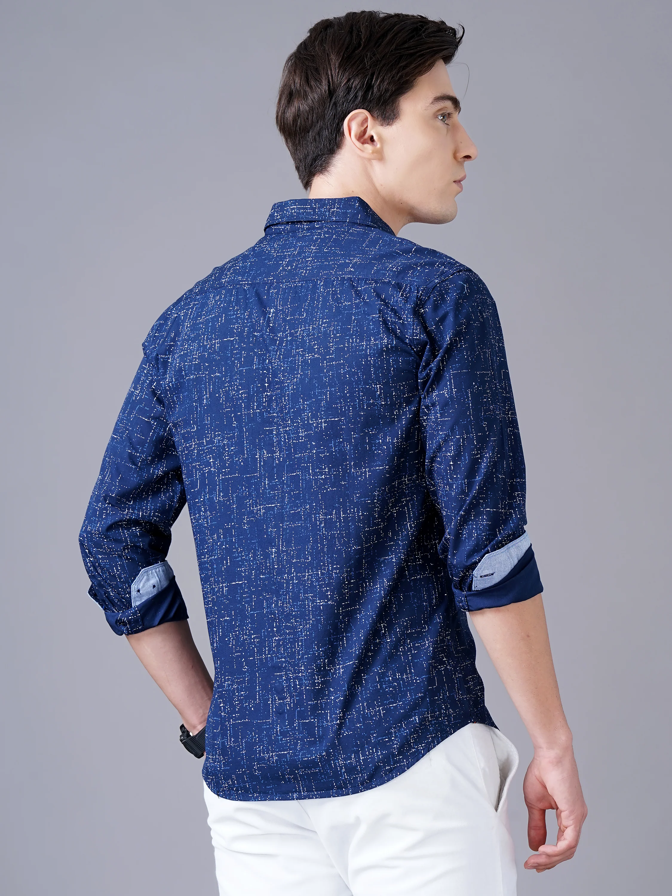 Men Blue Cotton Slim Shirt - Image 3