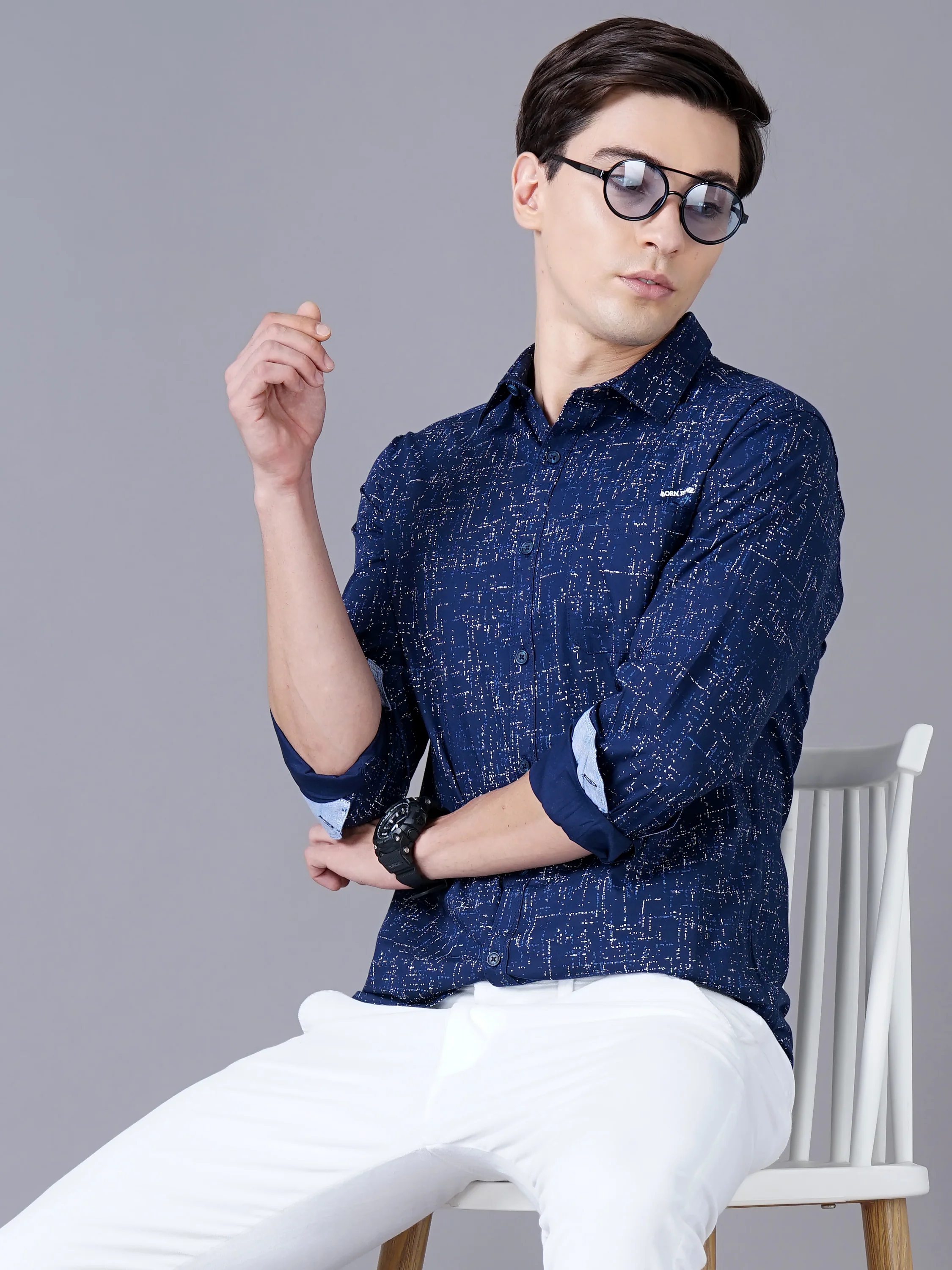 Men Blue Cotton Slim Shirt - Image 4