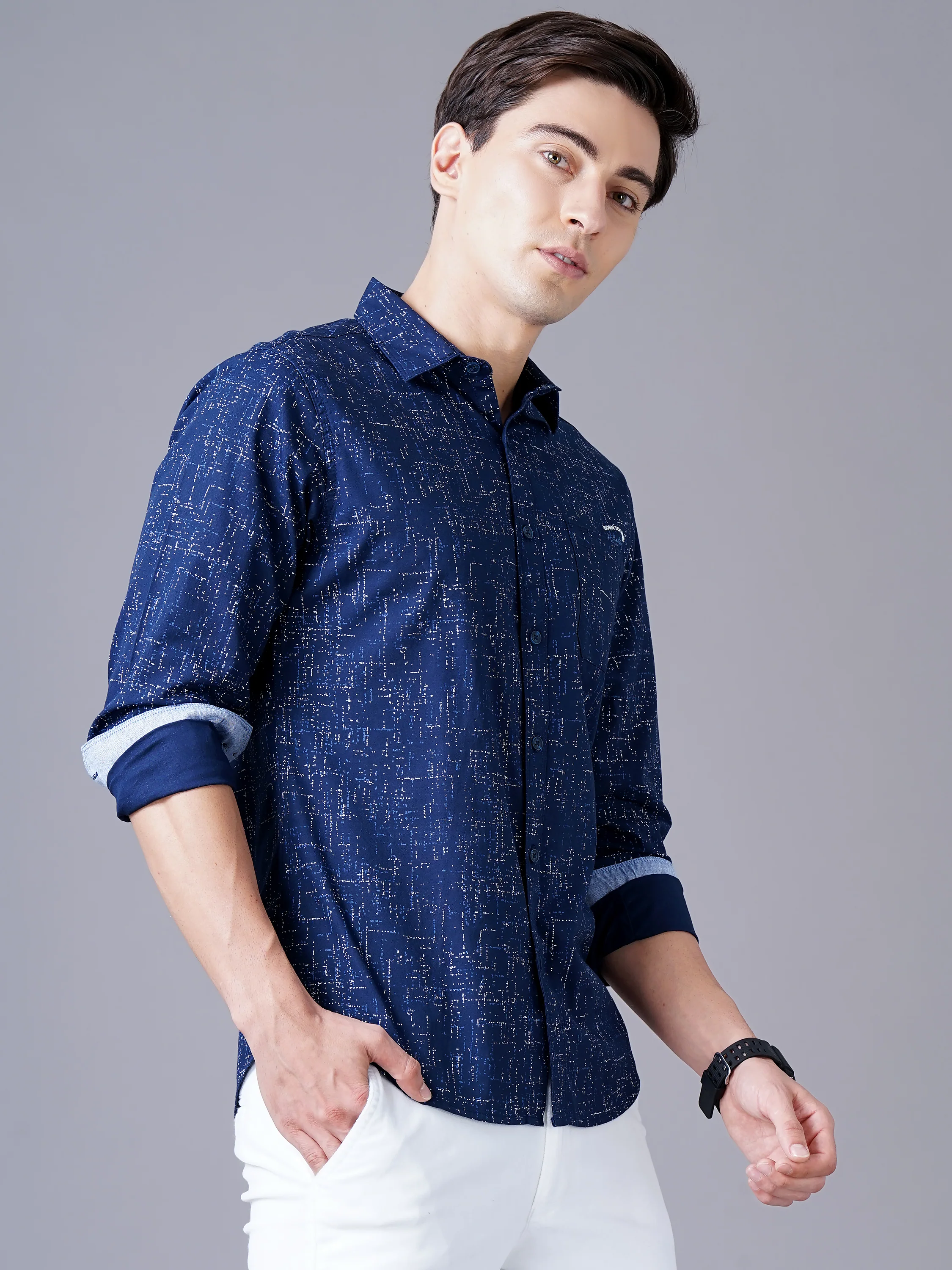 Men Blue Cotton Slim Shirt - Image 7