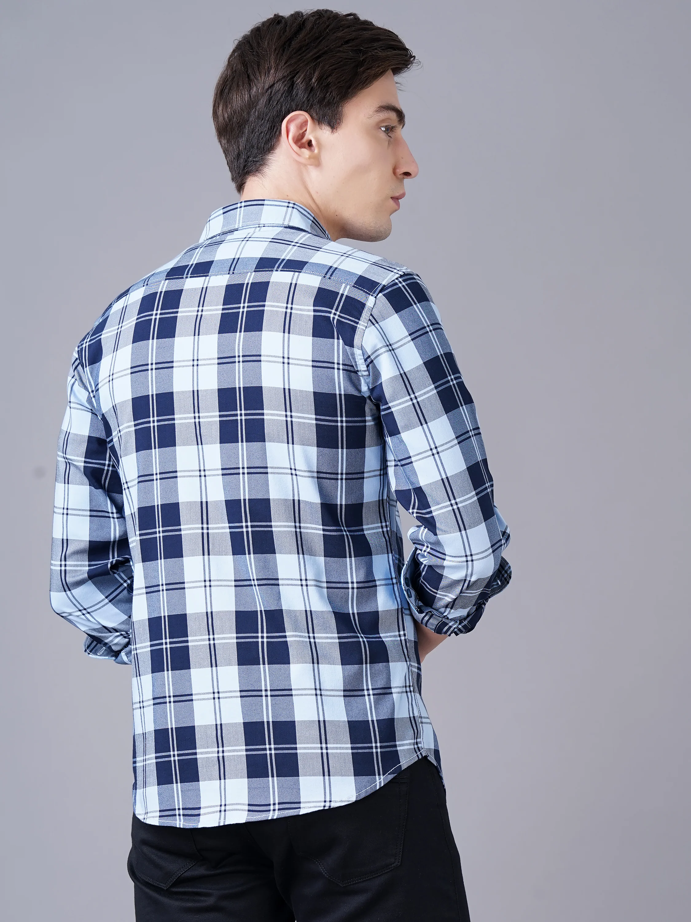 Men Blue Cotton Slim Shirt - Image 4