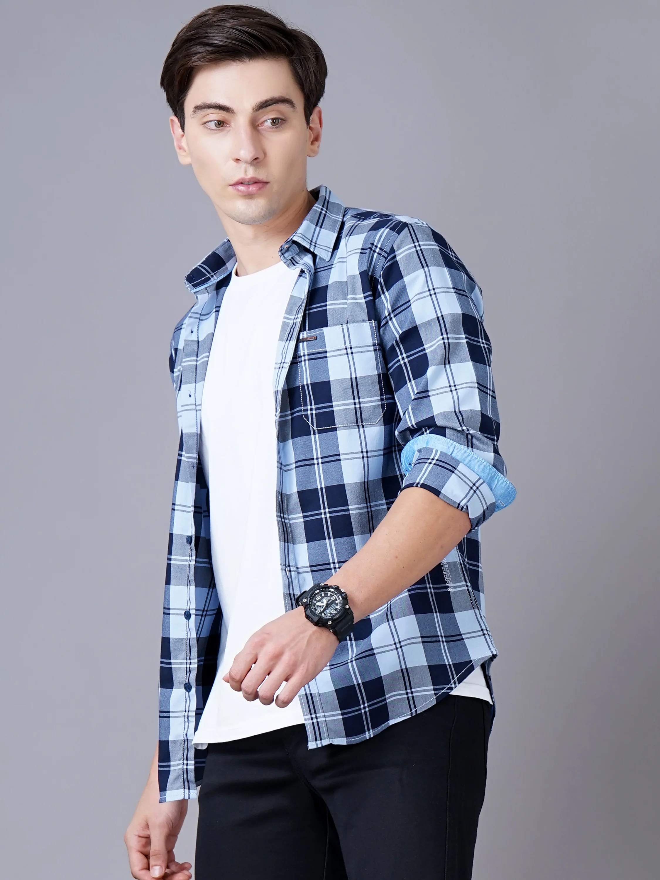Men Blue Cotton Slim Shirt - Image 5