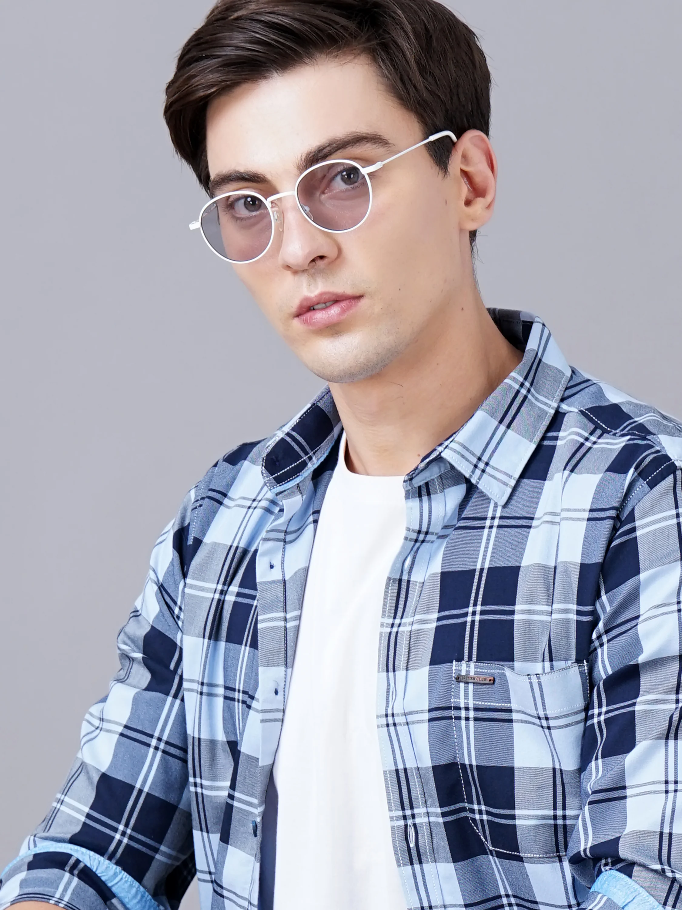 Men Blue Cotton Slim Shirt - Image 6