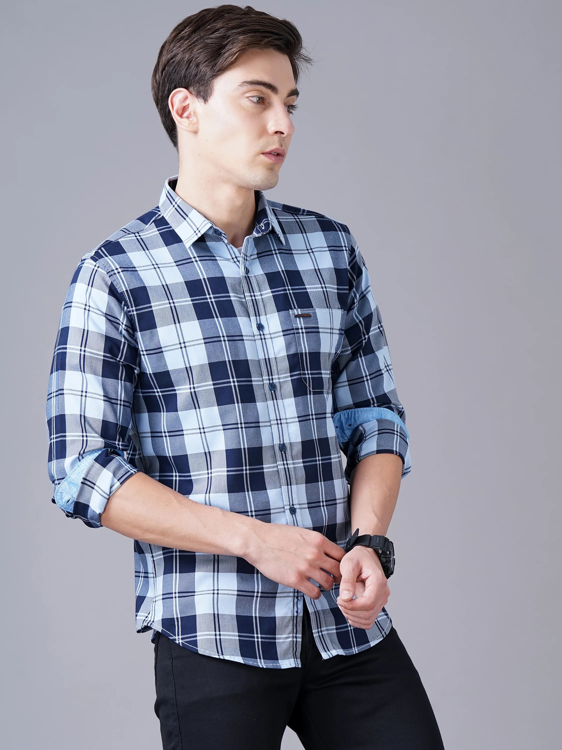Men Blue Cotton Slim Shirt - Image 7