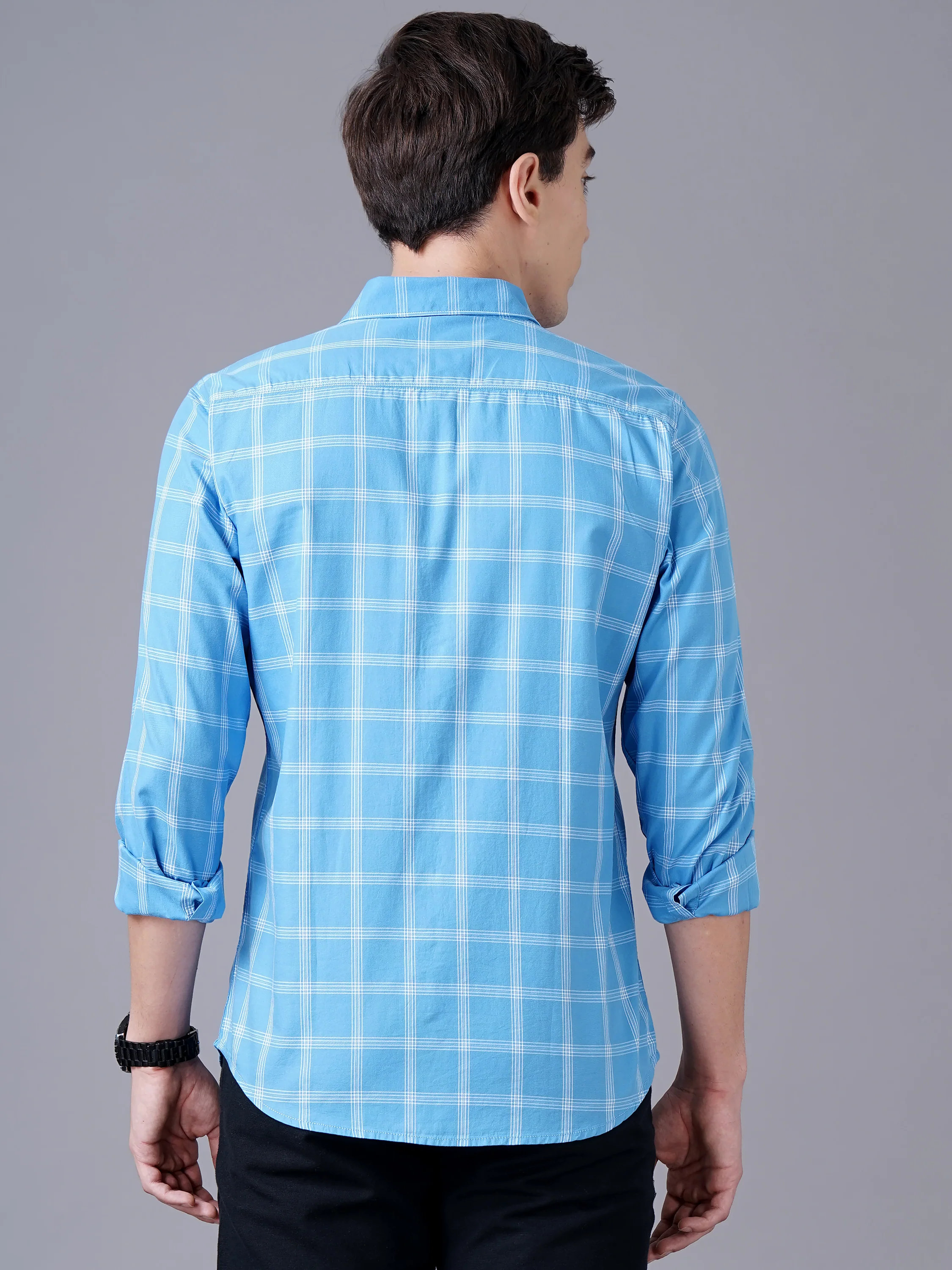 Men Blue Cotton Slim Shirt - Image 4
