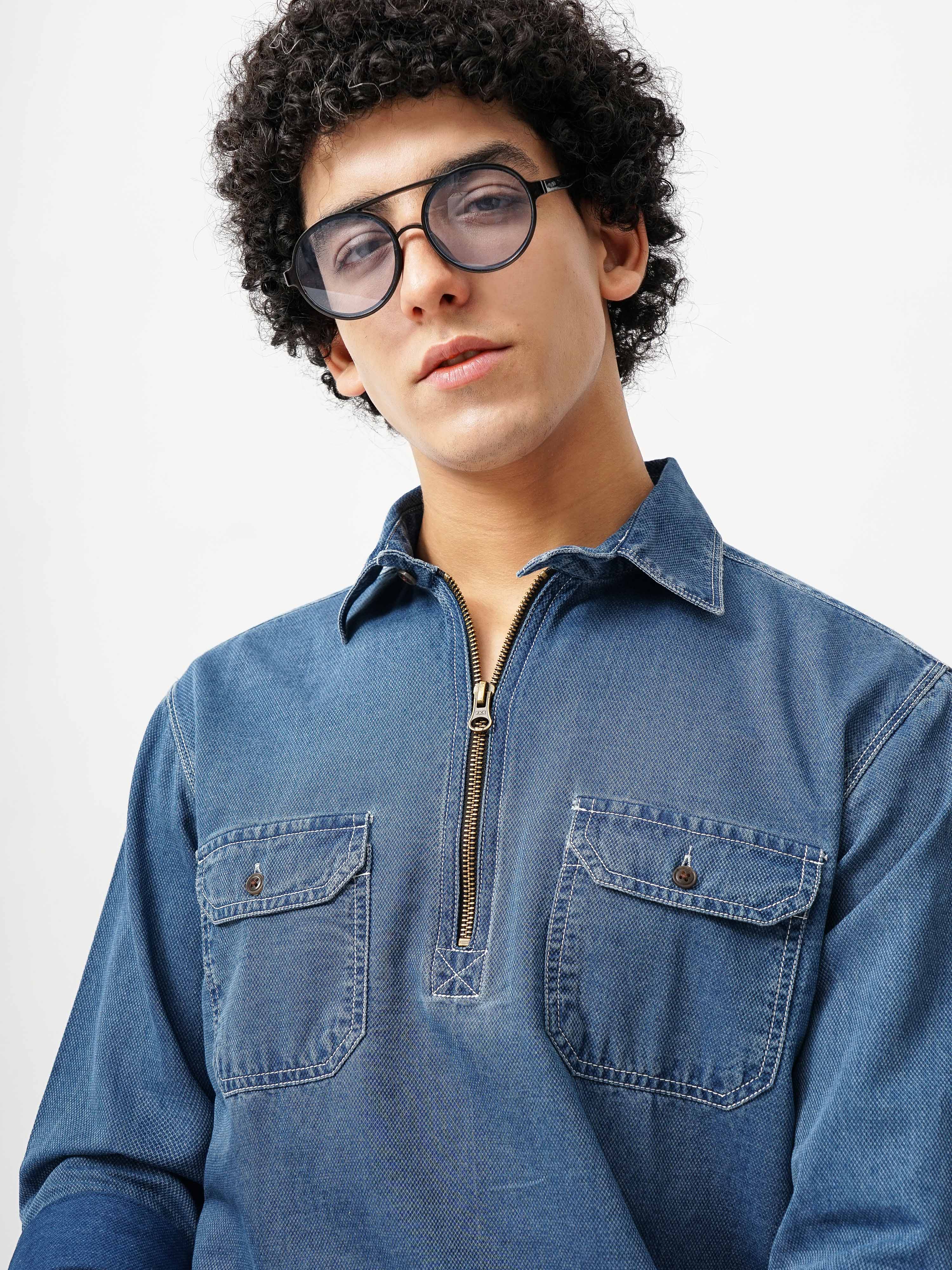 Men Blue Cotton Slim Shirt - Image 2