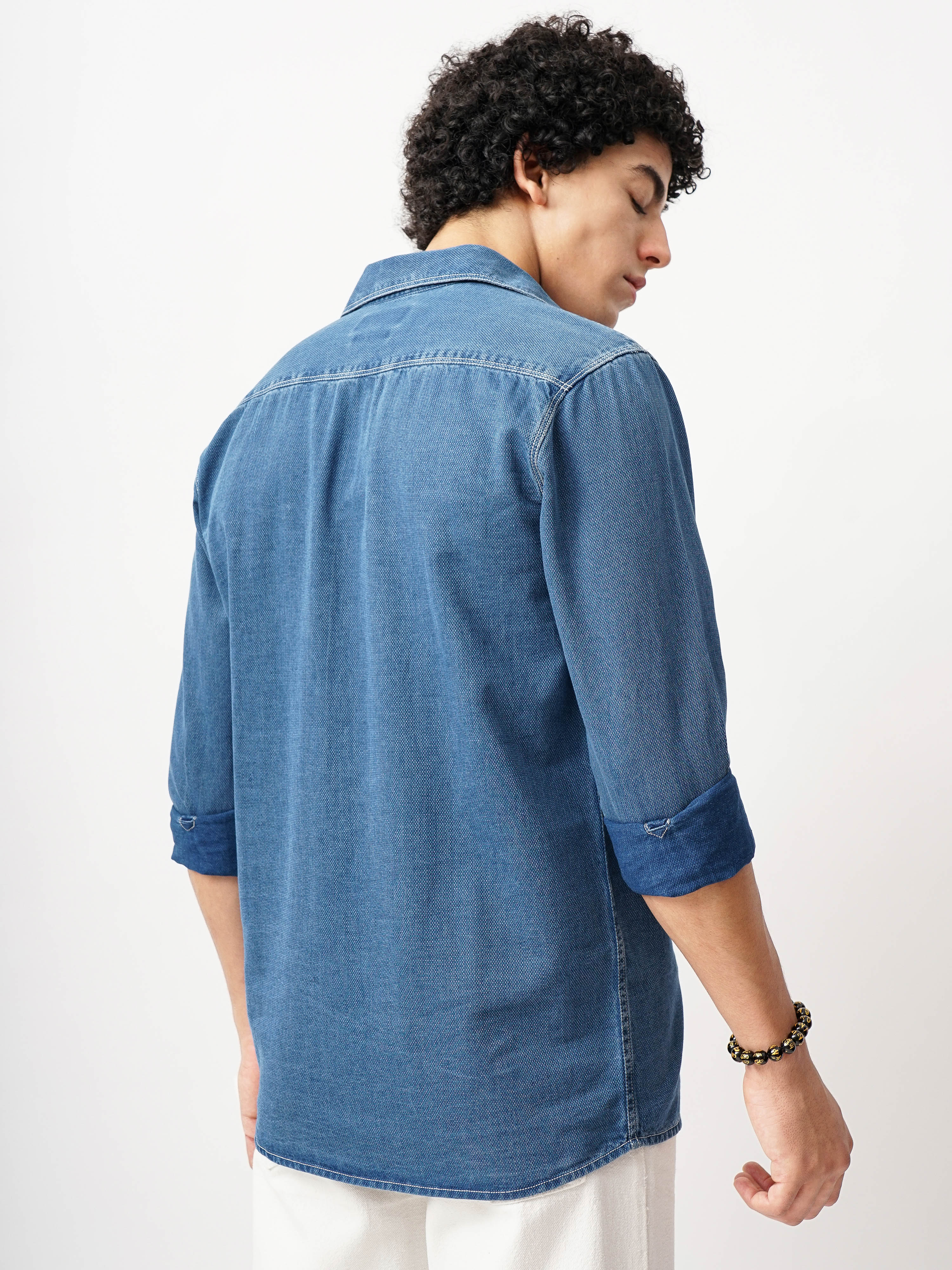 Men Blue Cotton Slim Shirt - Image 3