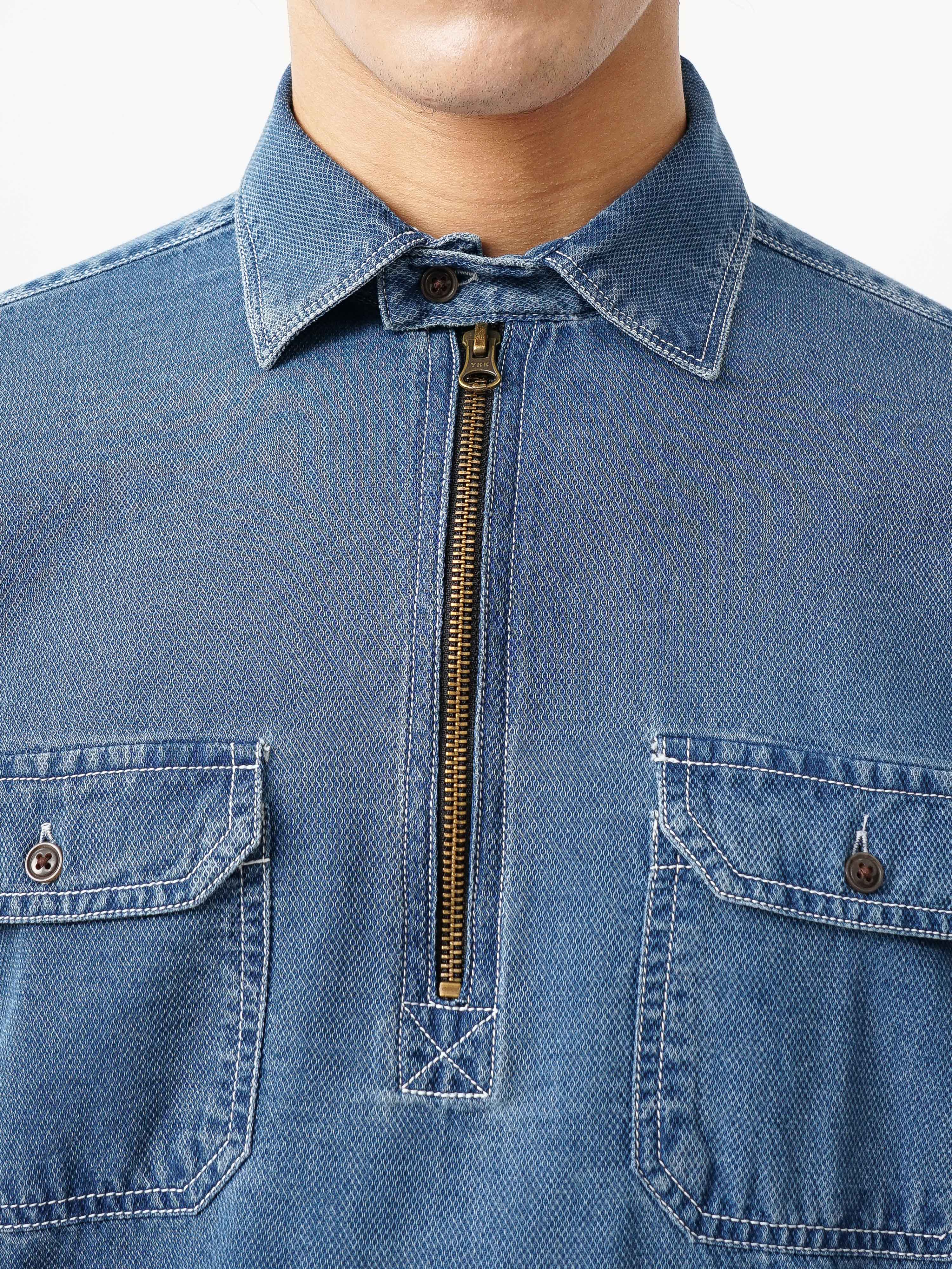 Men Blue Cotton Slim Shirt - Image 4