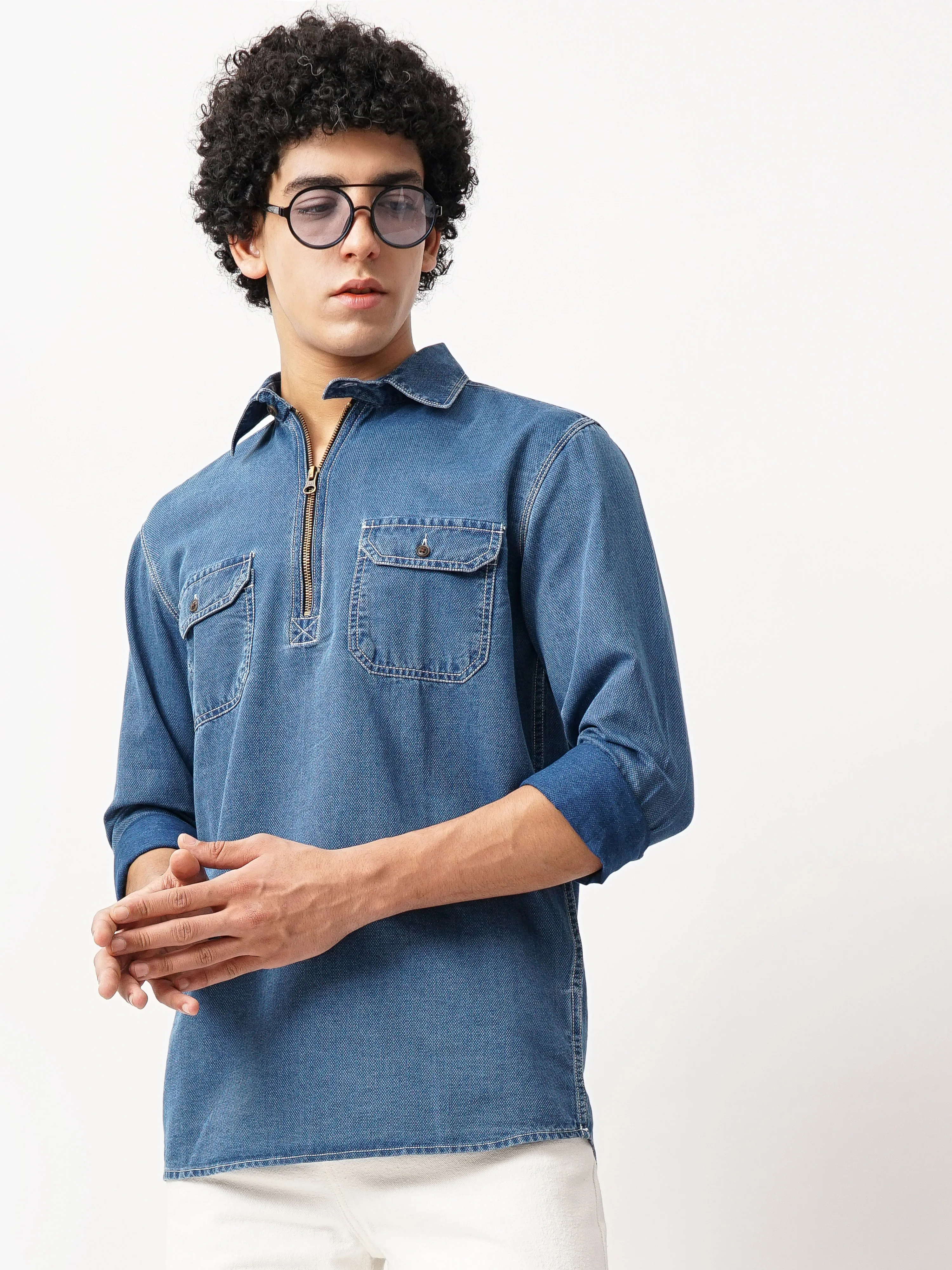 Men Blue Cotton Slim Shirt - Image 5