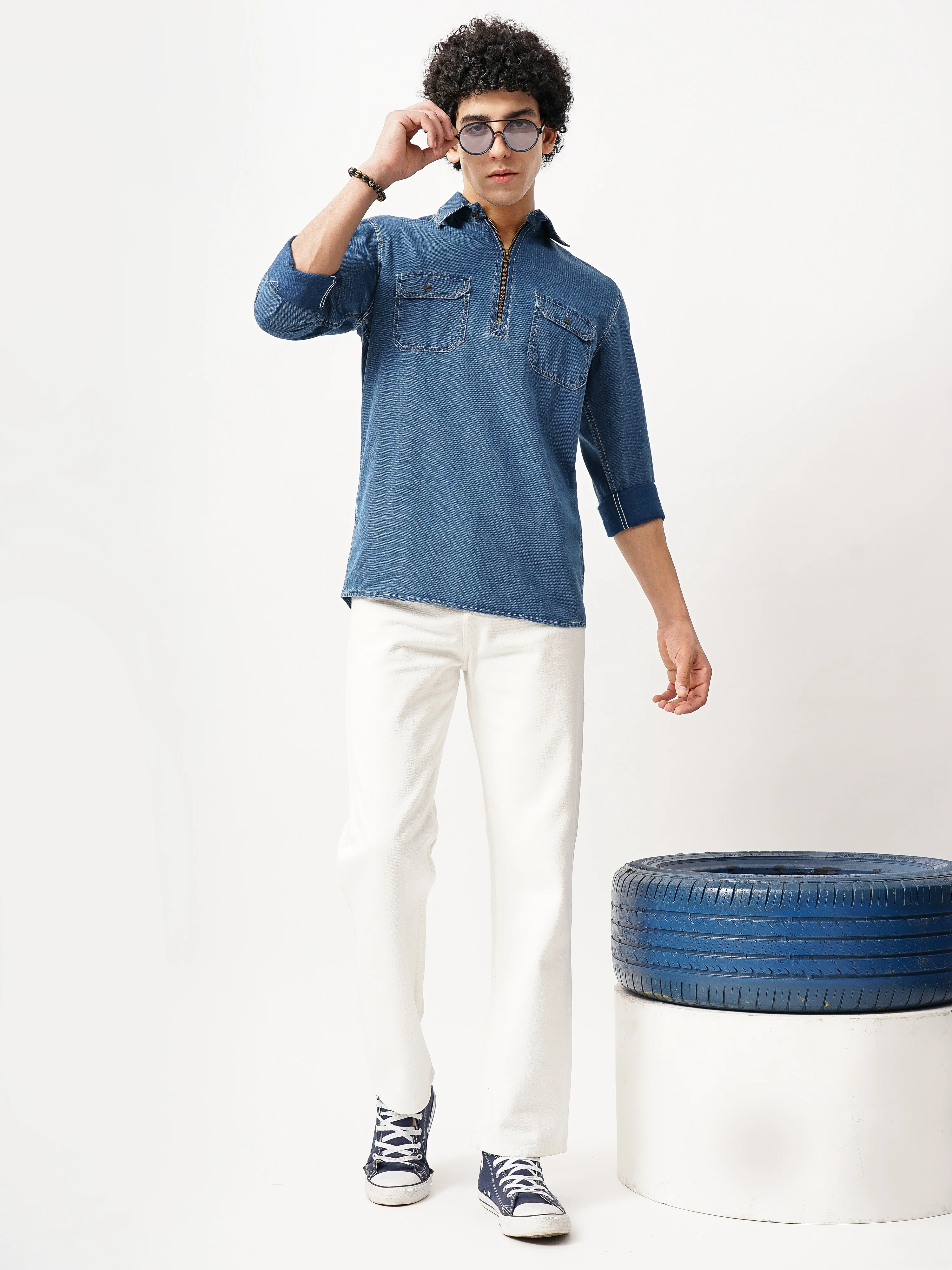Men Blue Cotton Slim Shirt - Image 6