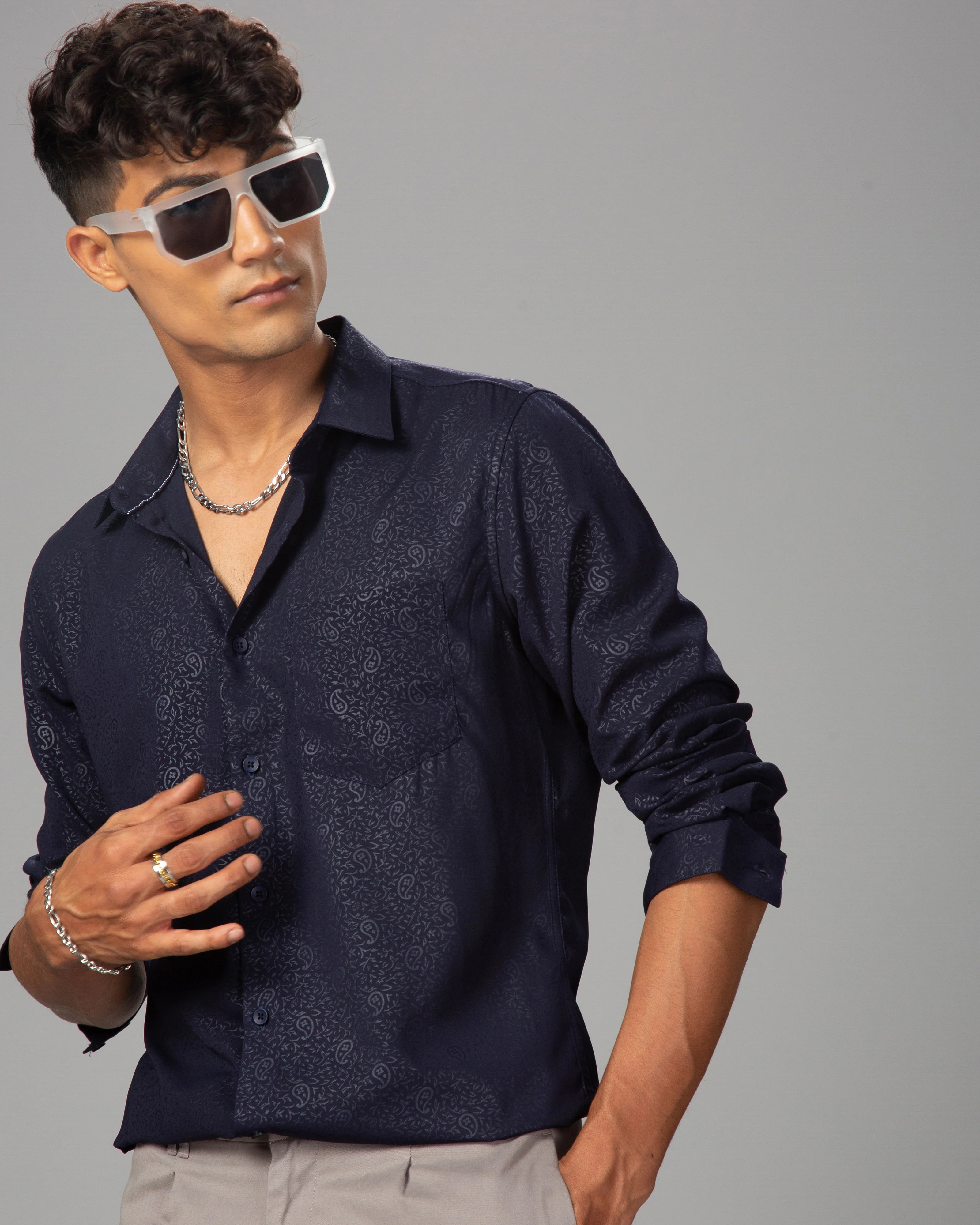Men Blue Cotton Slim Shirt - Image 4