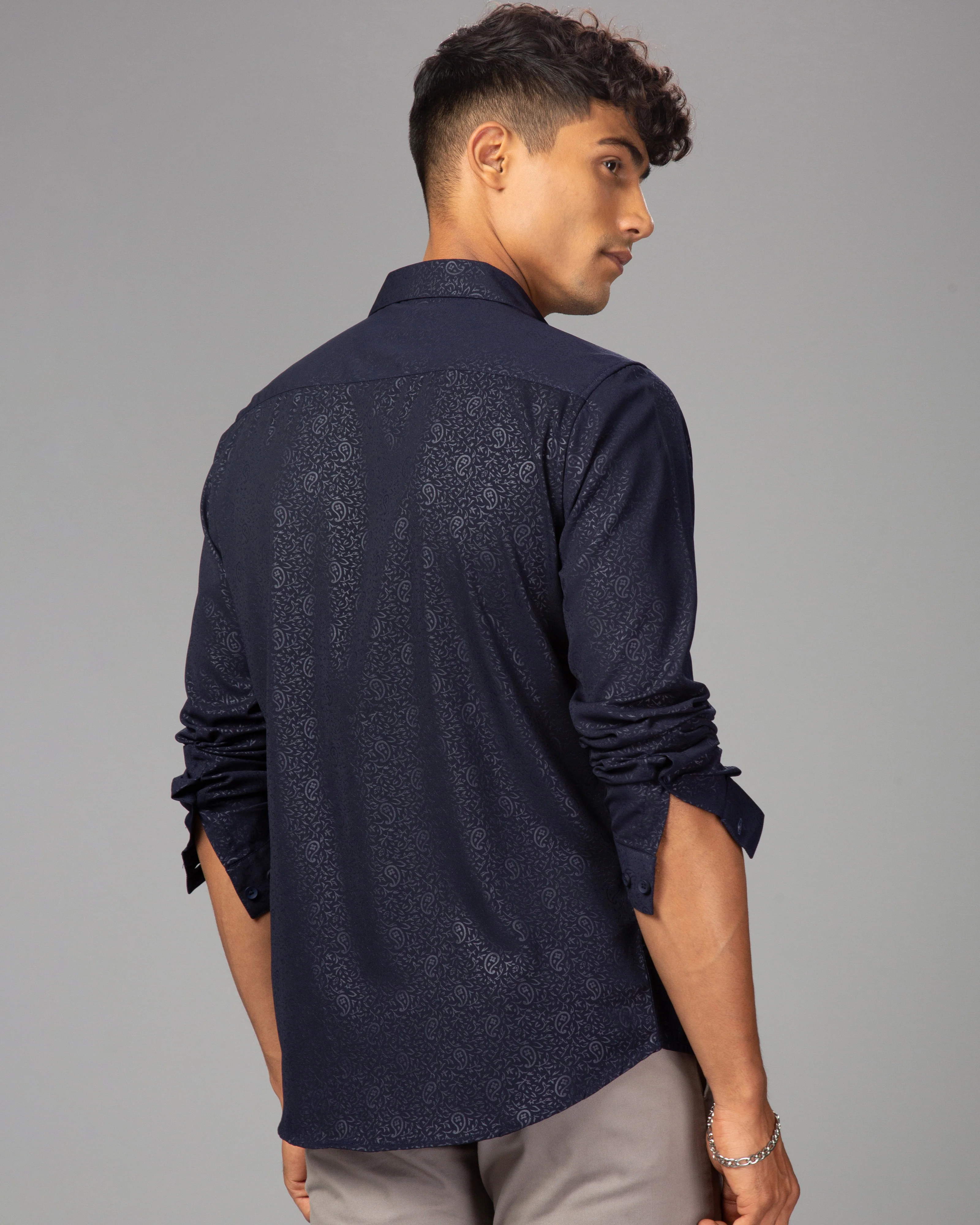 Men Blue Cotton Slim Shirt - Image 5