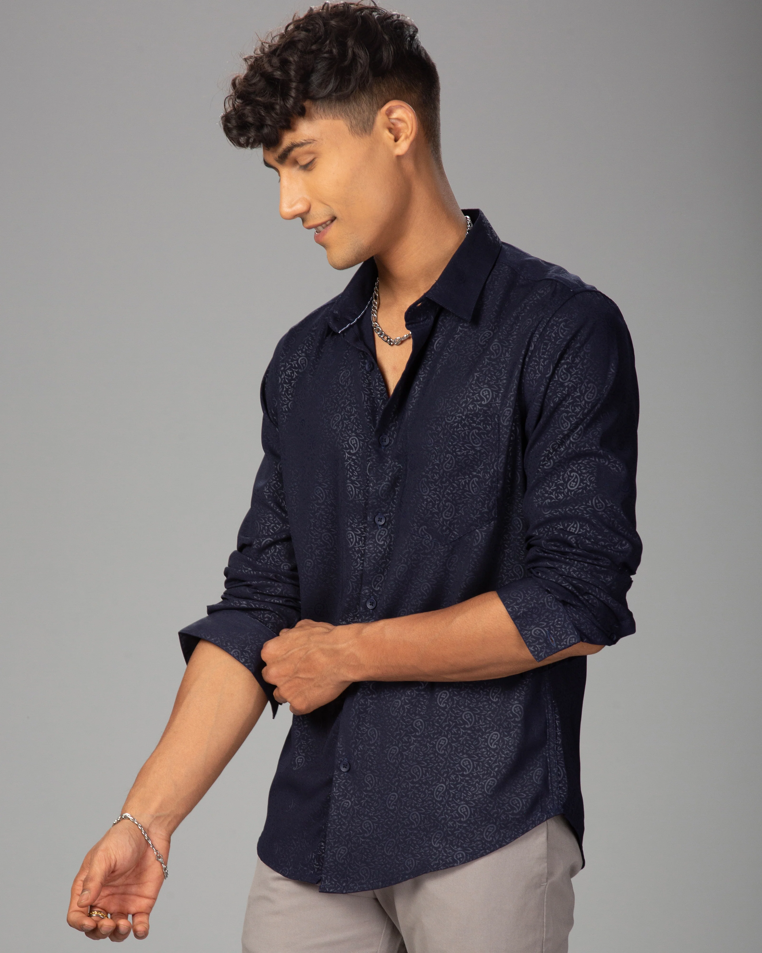 Men Blue Cotton Slim Shirt - Image 6