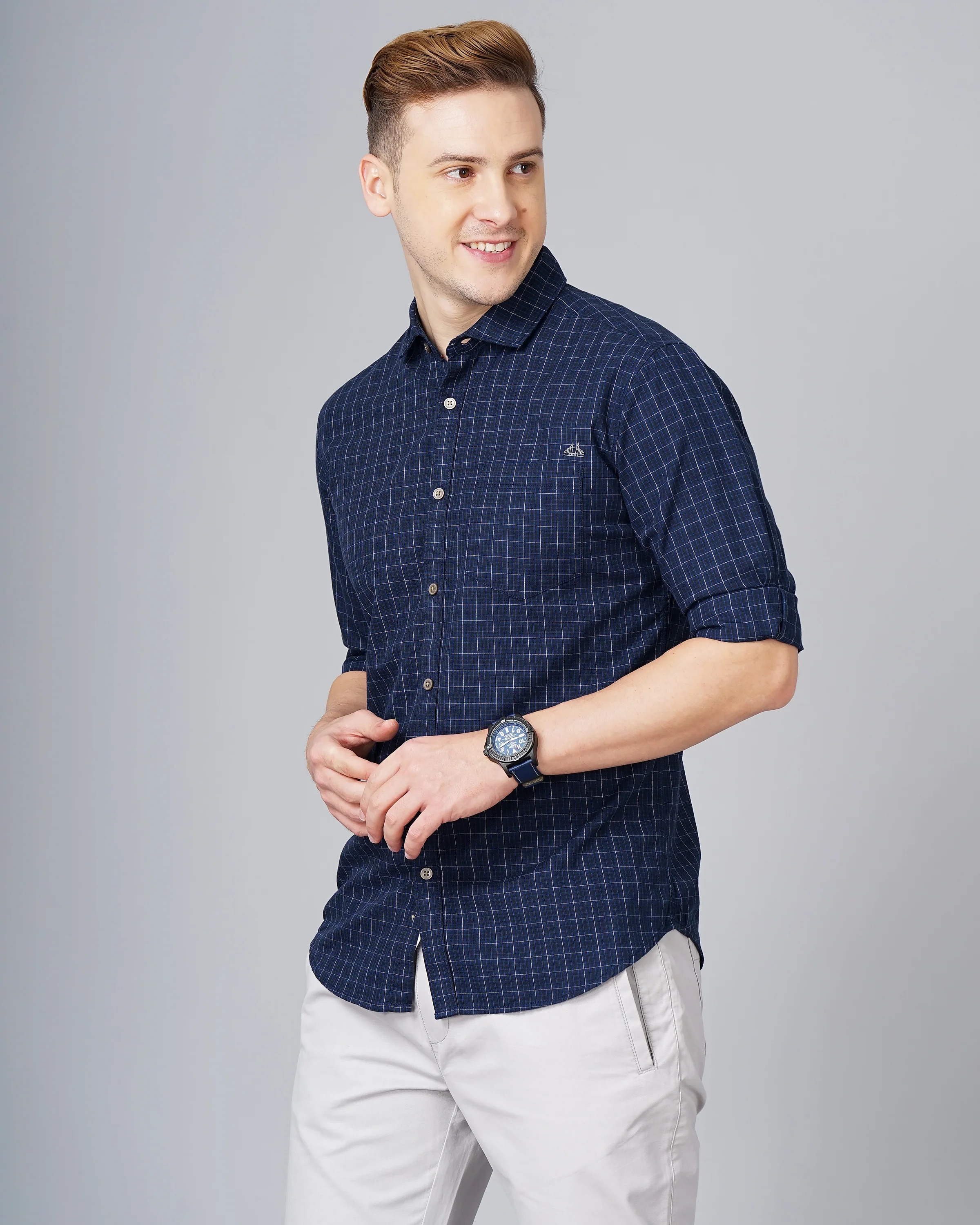 Men Blue Cotton Slim Shirt - Image 3