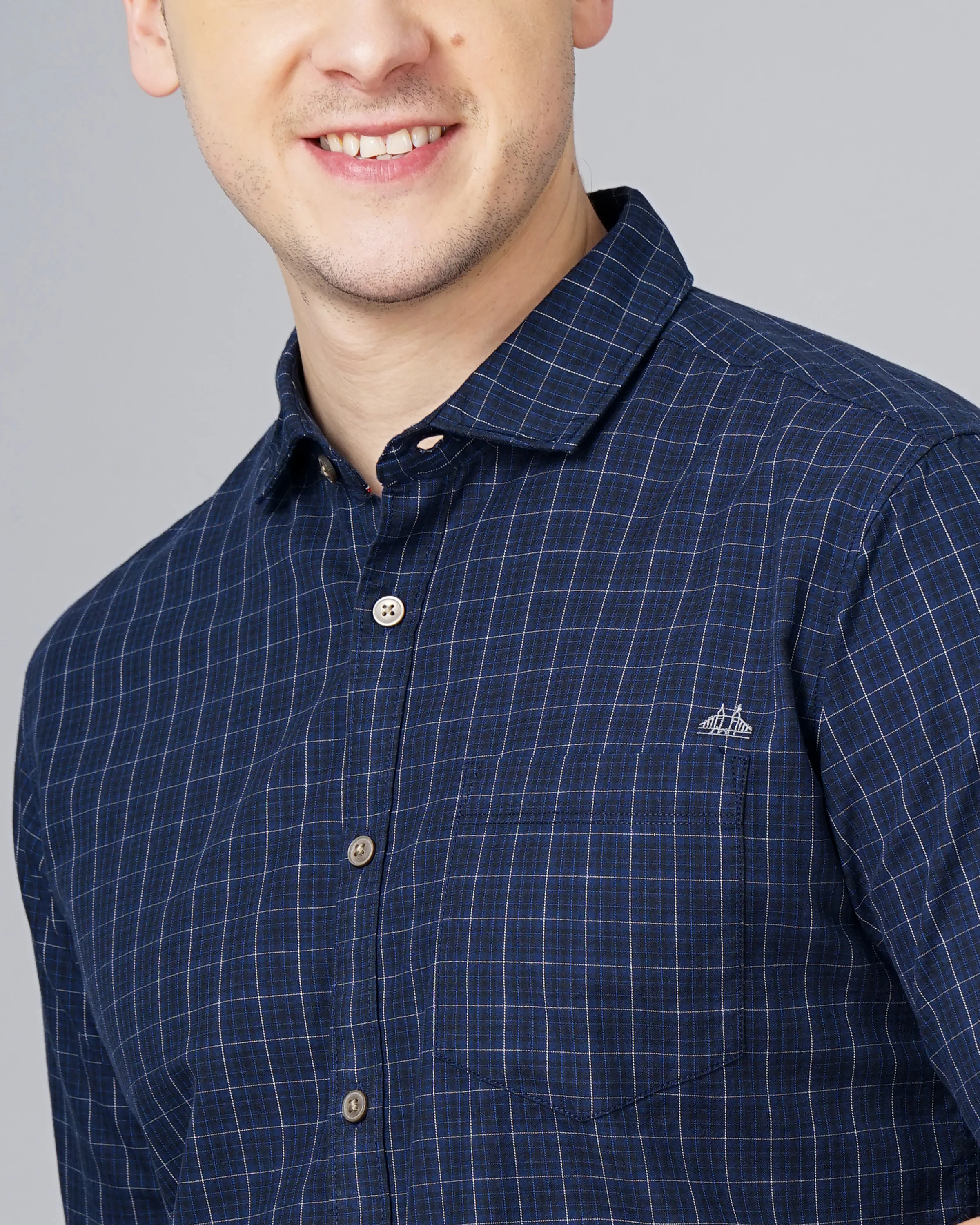 Men Blue Cotton Slim Shirt - Image 4