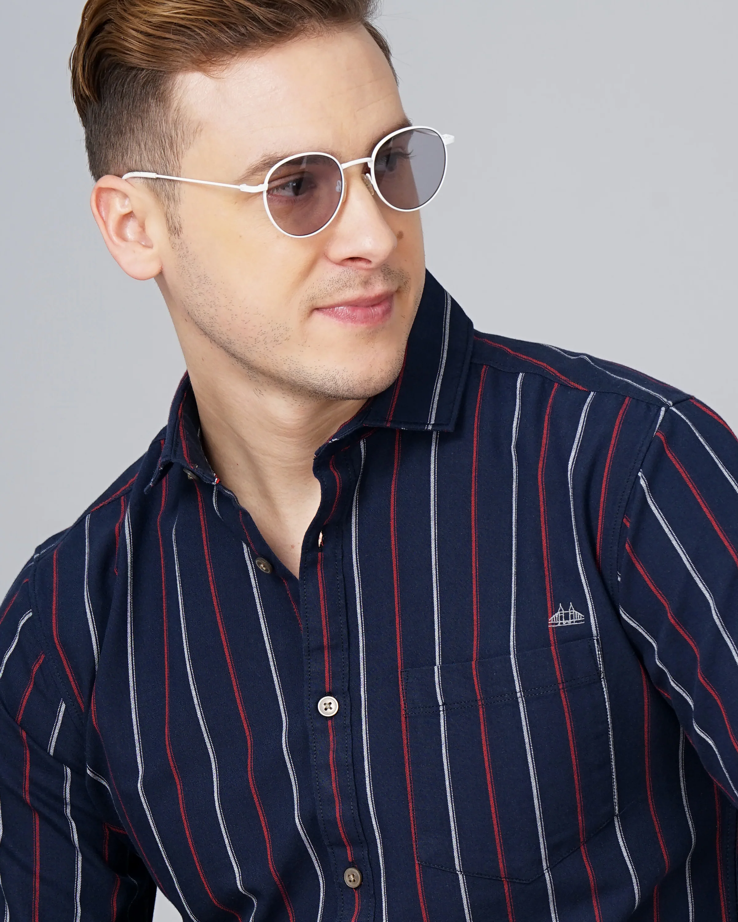 Men Blue Cotton Slim Shirt - Image 2
