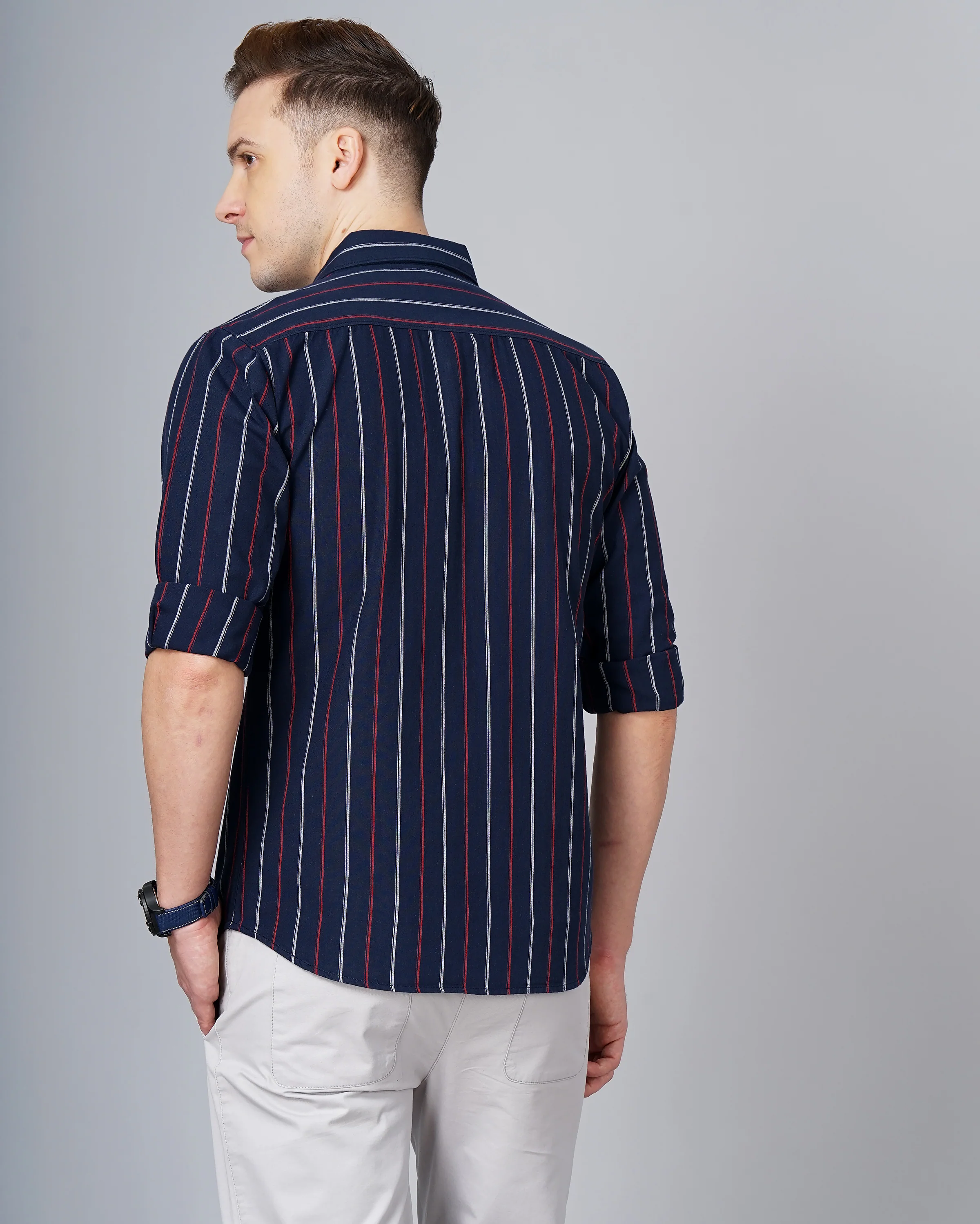 Men Blue Cotton Slim Shirt - Image 3