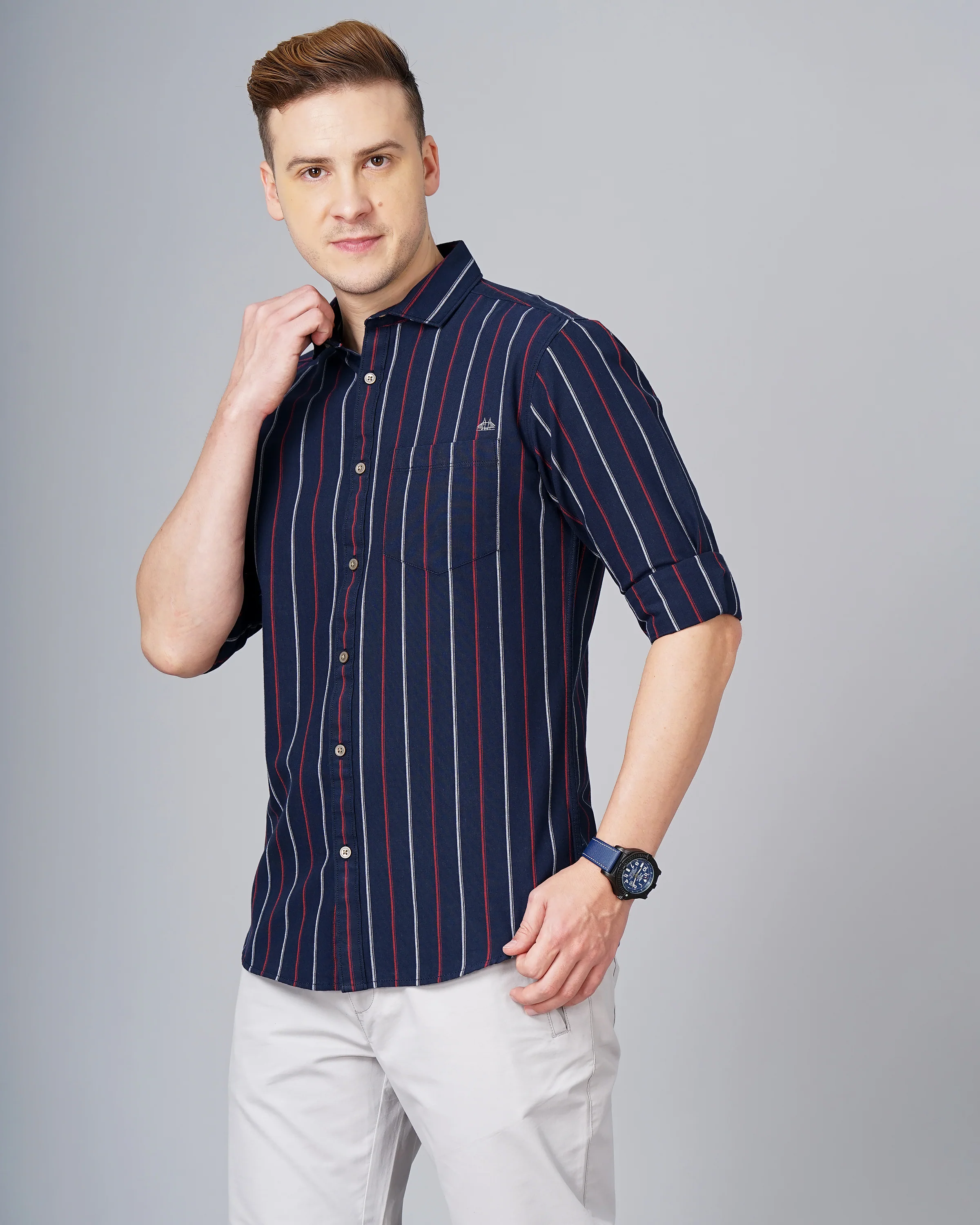 Men Blue Cotton Slim Shirt - Image 4