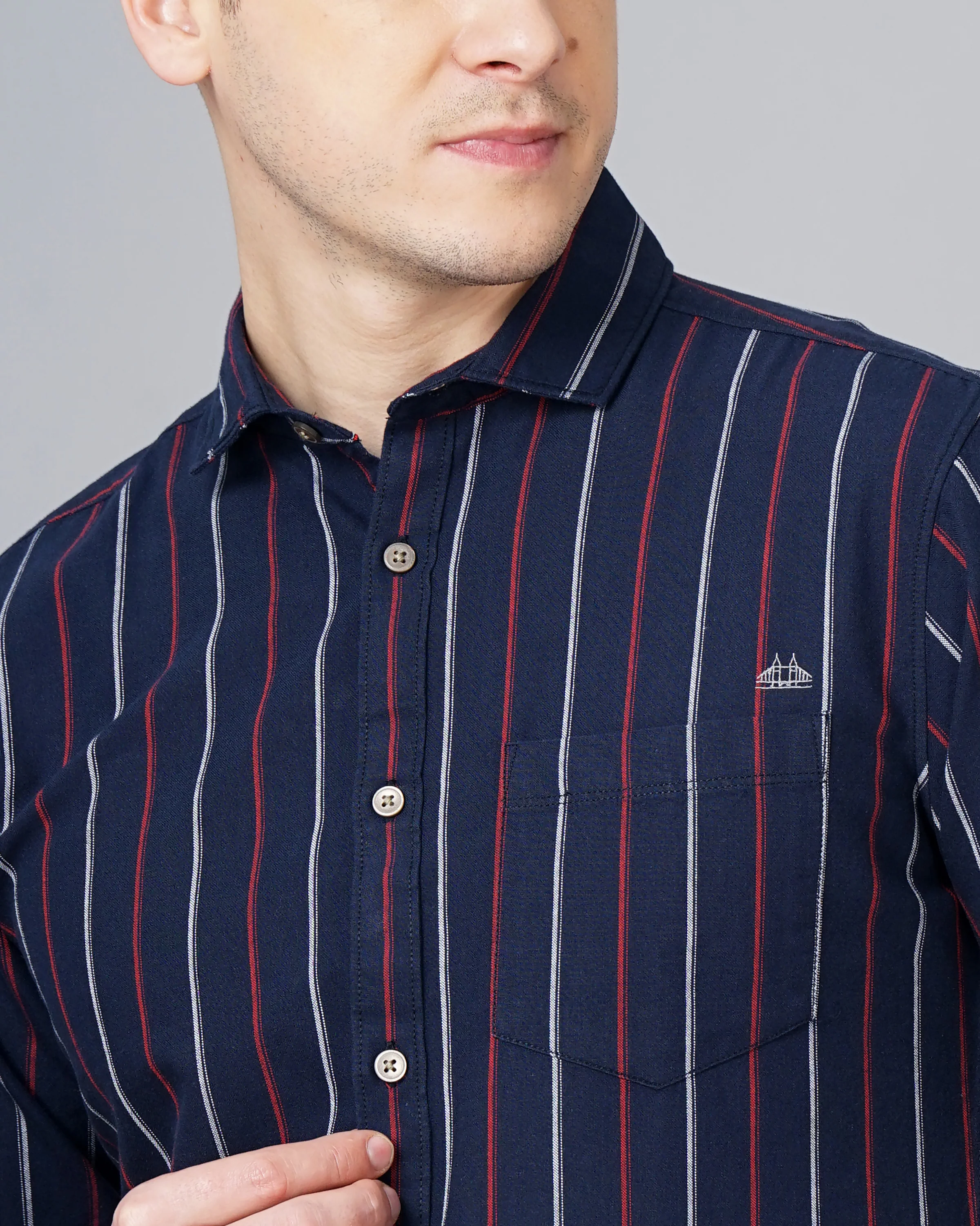 Men Blue Cotton Slim Shirt - Image 5