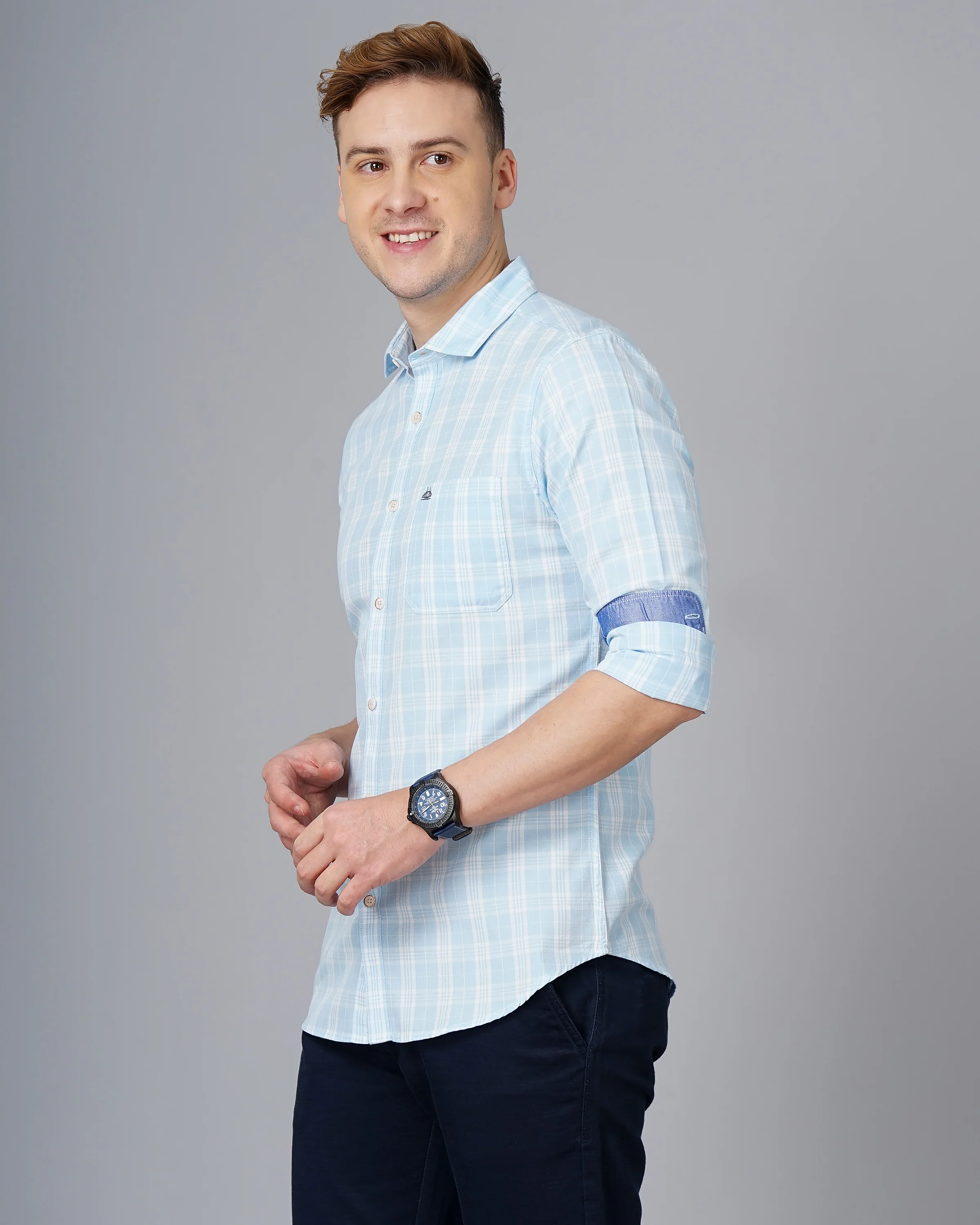 Men Blue Cotton Slim Shirt - Image 2