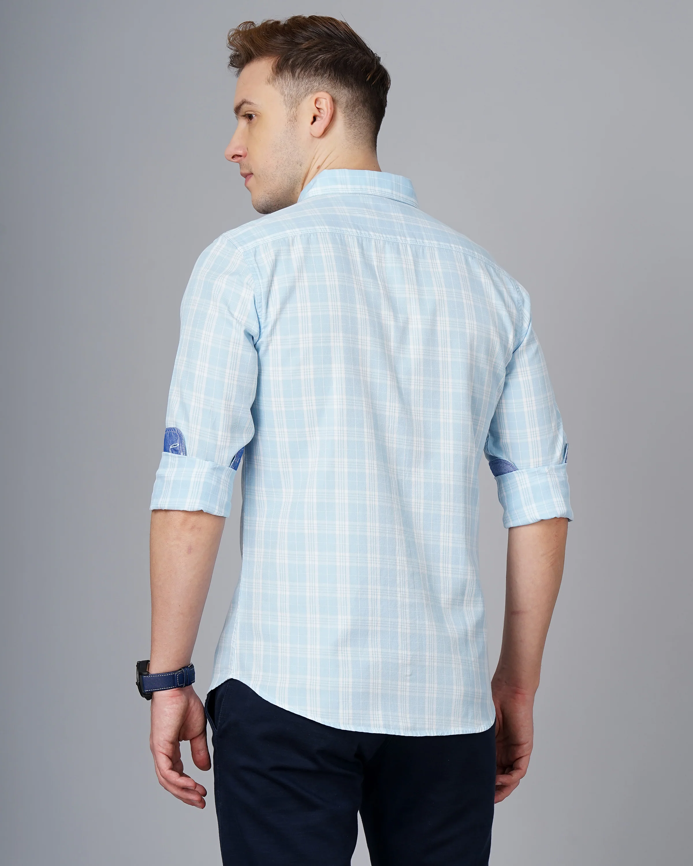Men Blue Cotton Slim Shirt - Image 3
