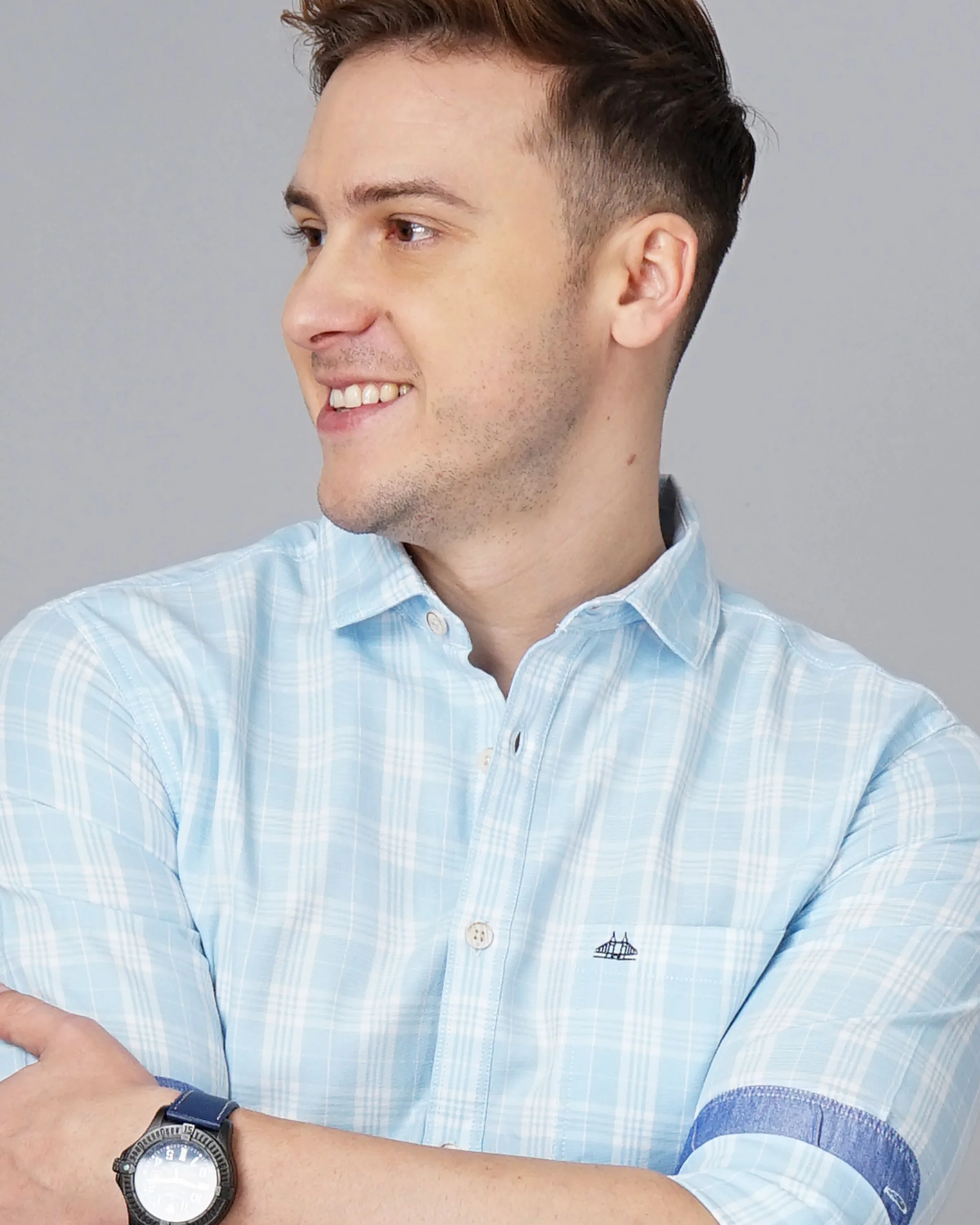 Men Blue Cotton Slim Shirt - Image 4