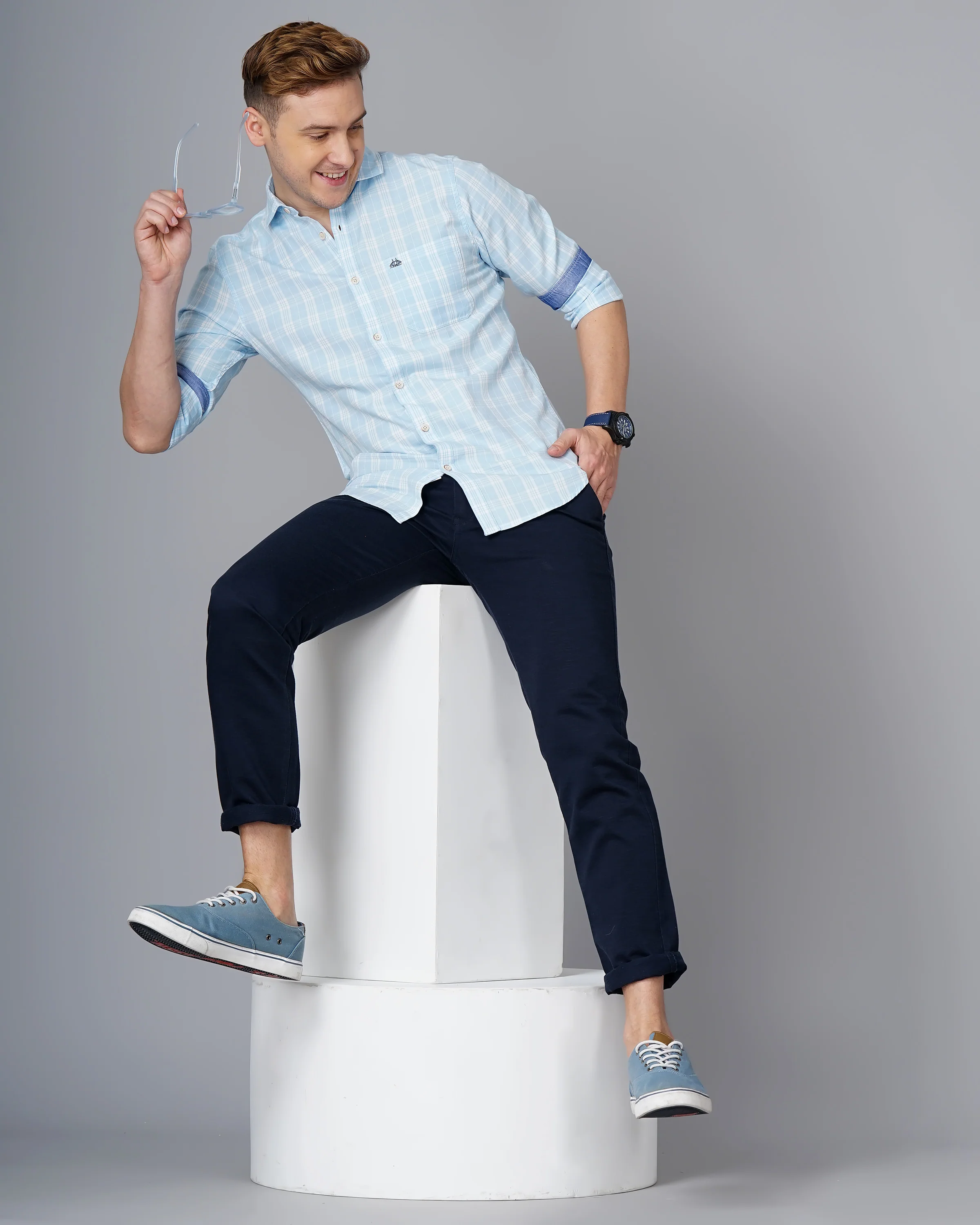 Men Blue Cotton Slim Shirt - Image 6