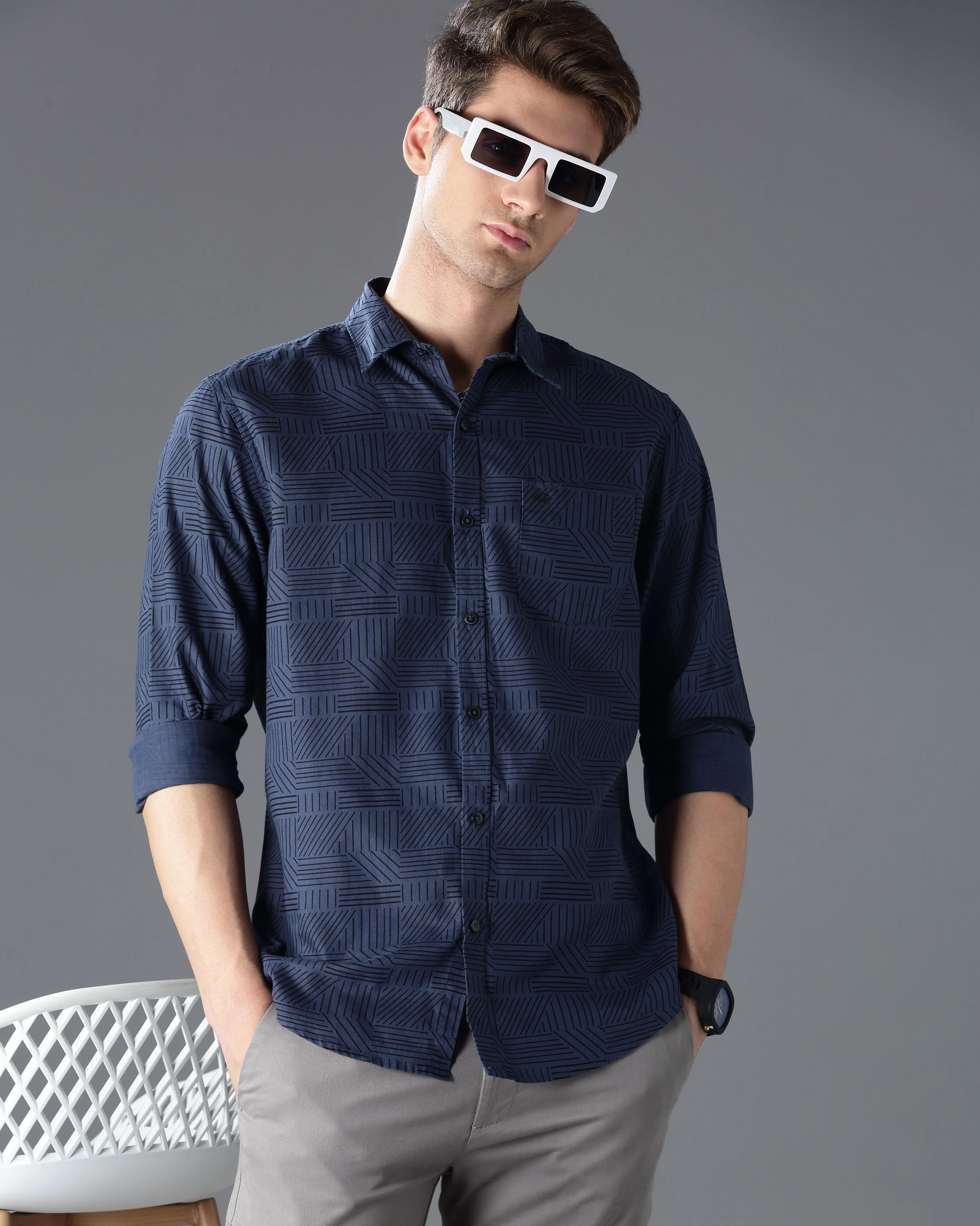 Men Blue Cotton Slim Shirt