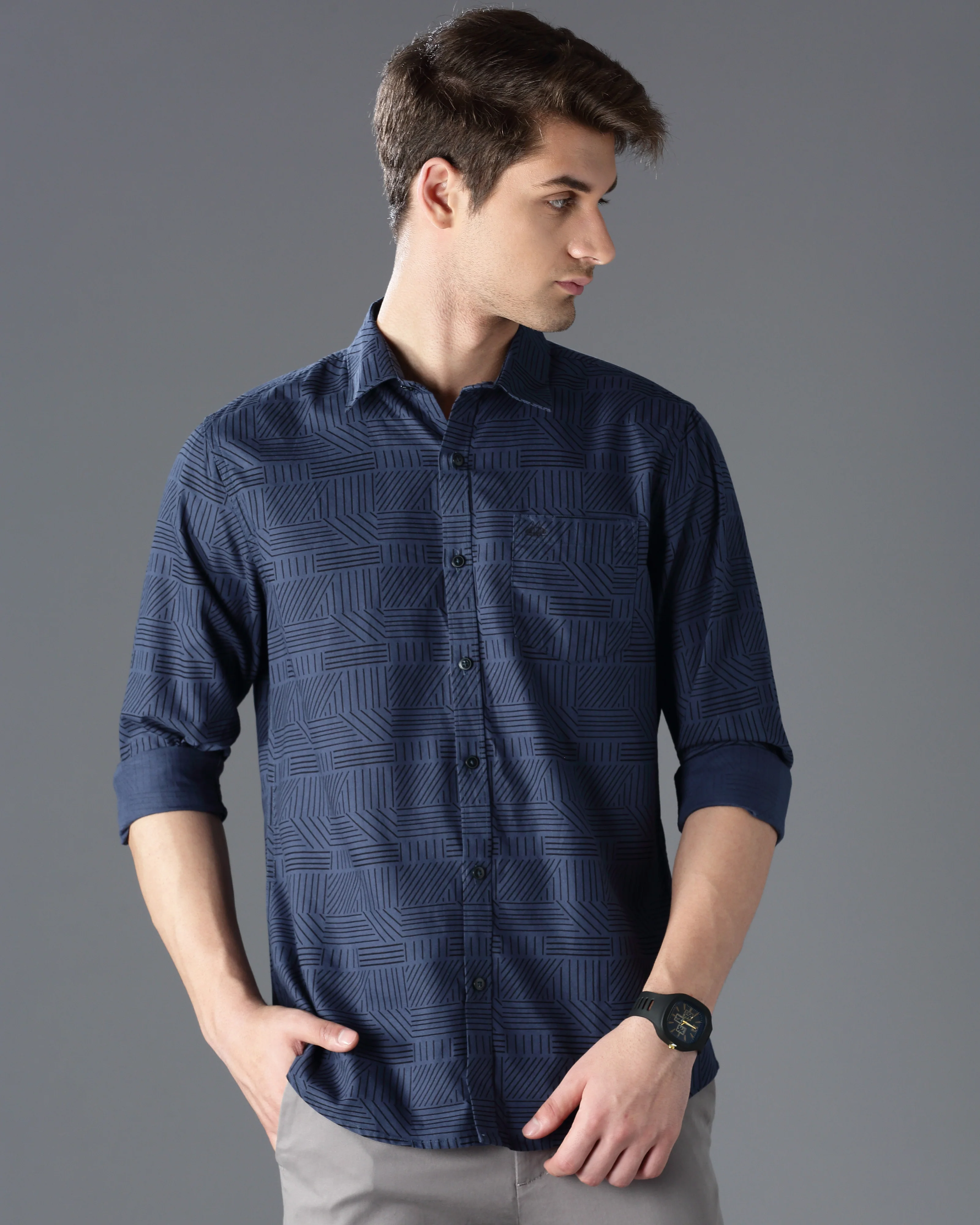Men Blue Cotton Slim Shirt - Image 2