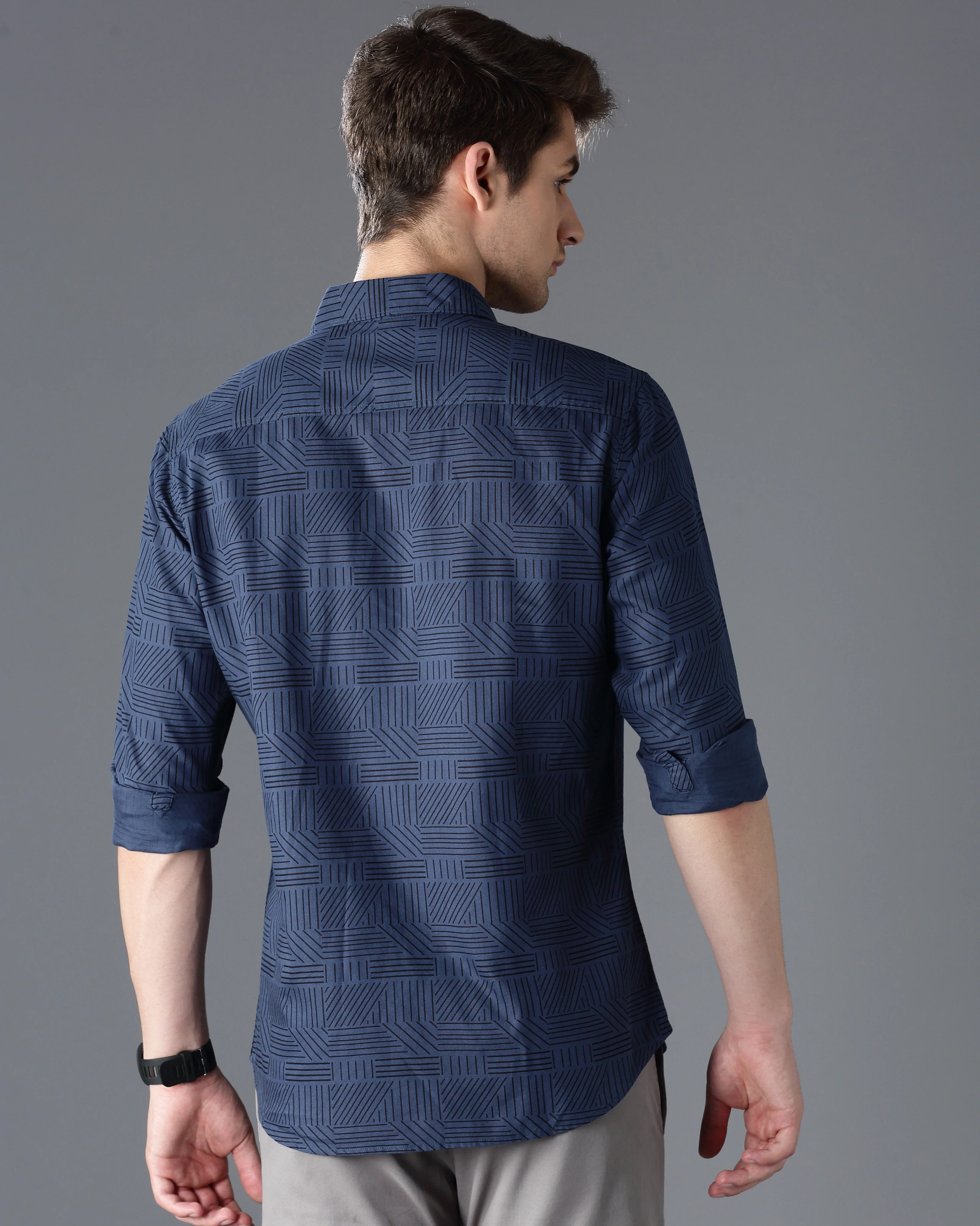 Men Blue Cotton Slim Shirt - Image 3