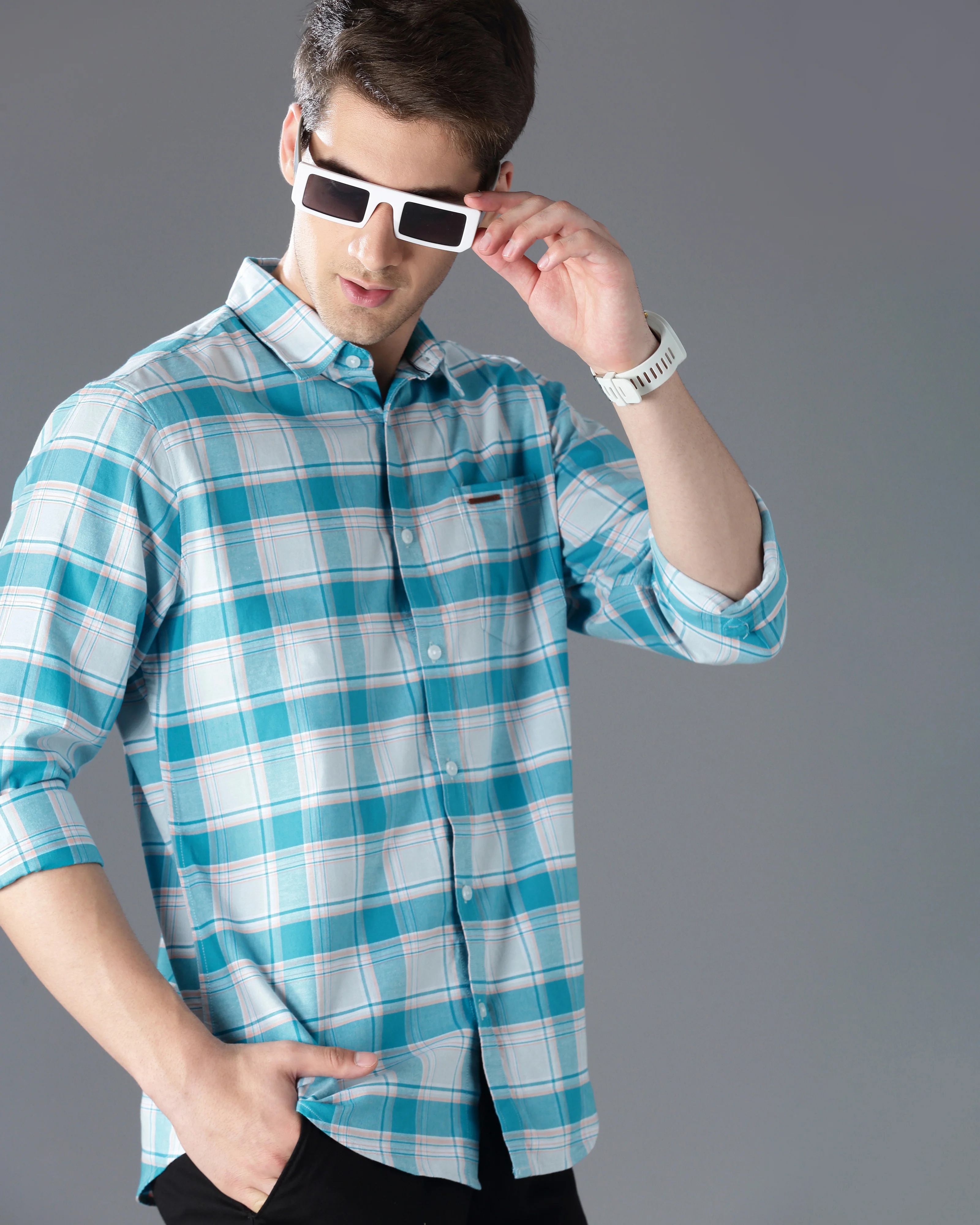 Men Blue Cotton Slim Shirt - Image 4