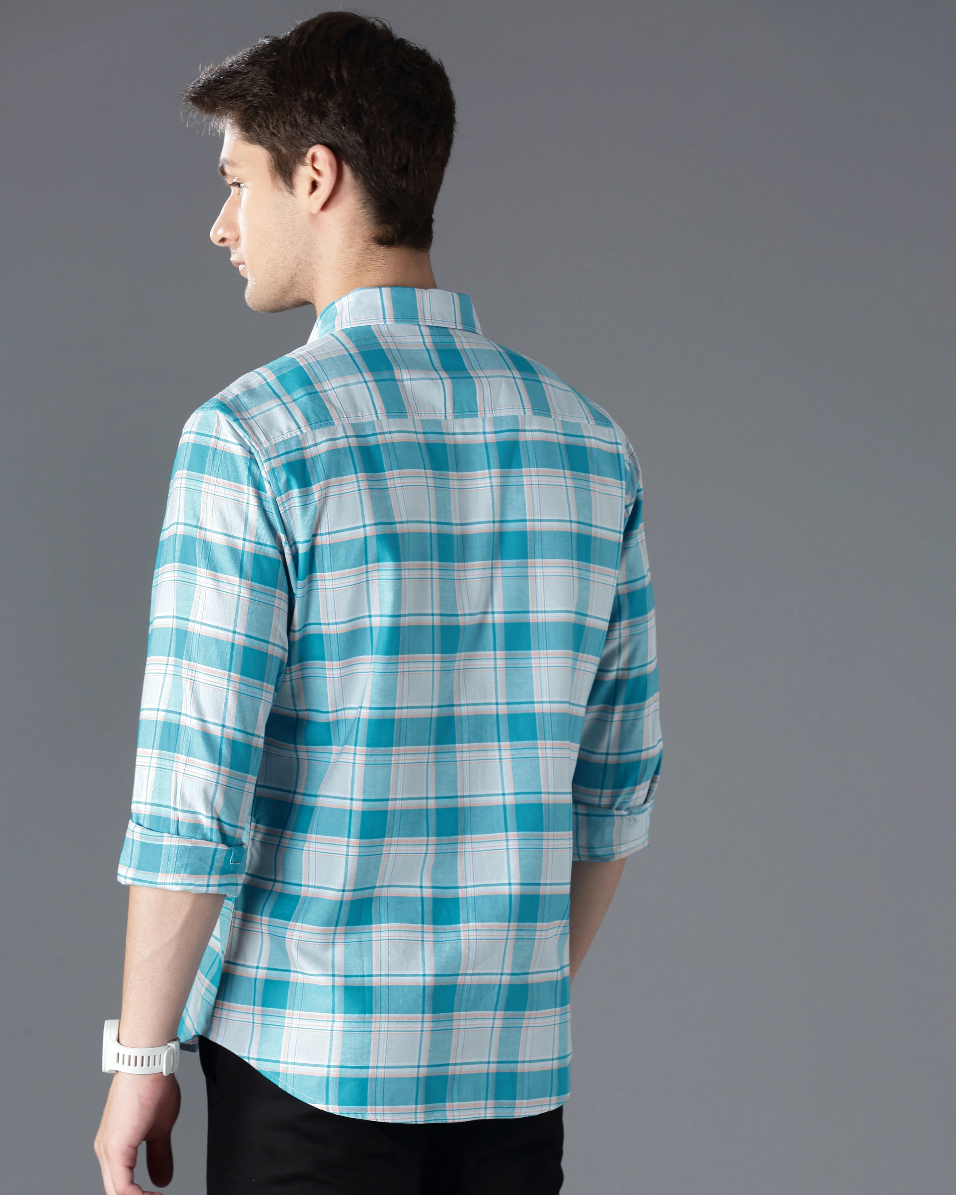 Men Blue Cotton Slim Shirt - Image 5