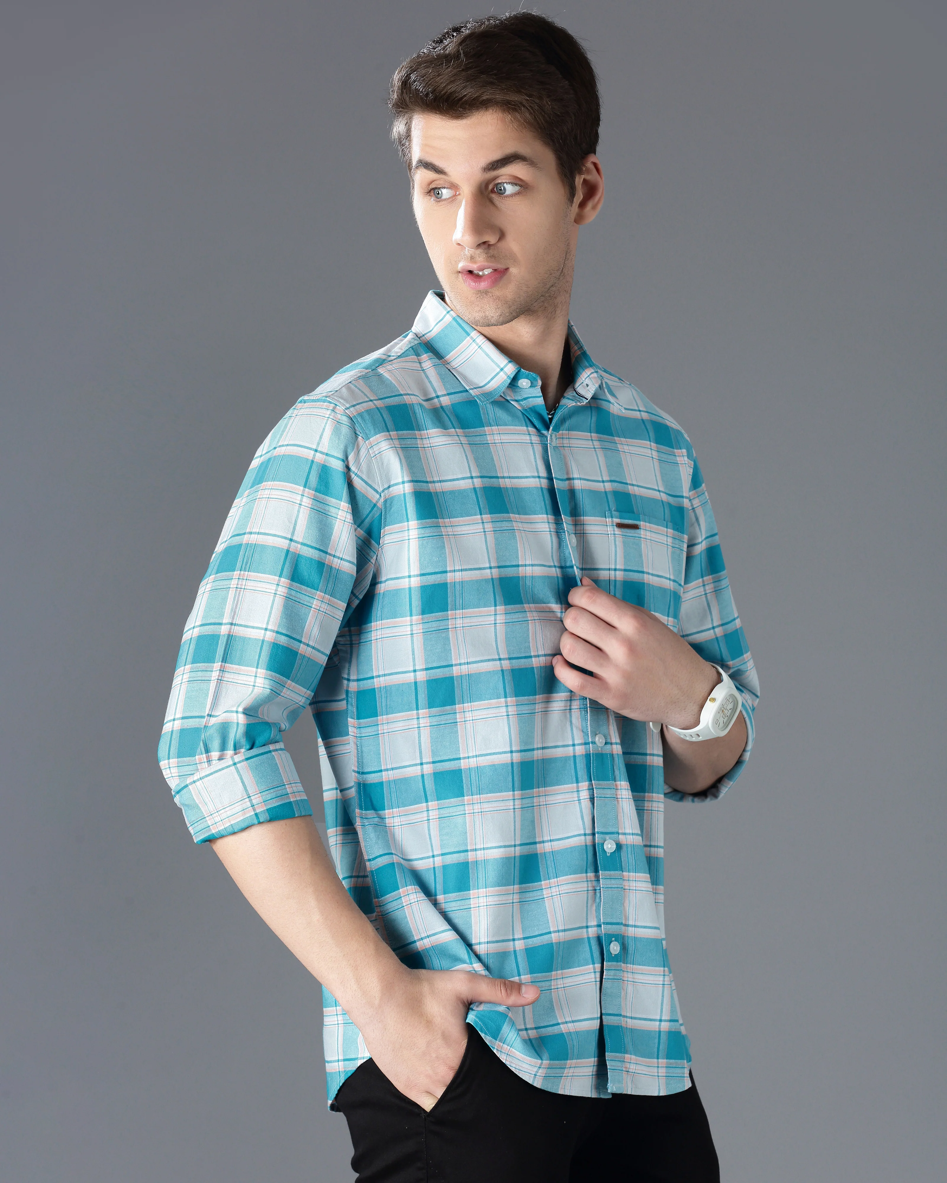 Men Blue Cotton Slim Shirt - Image 6