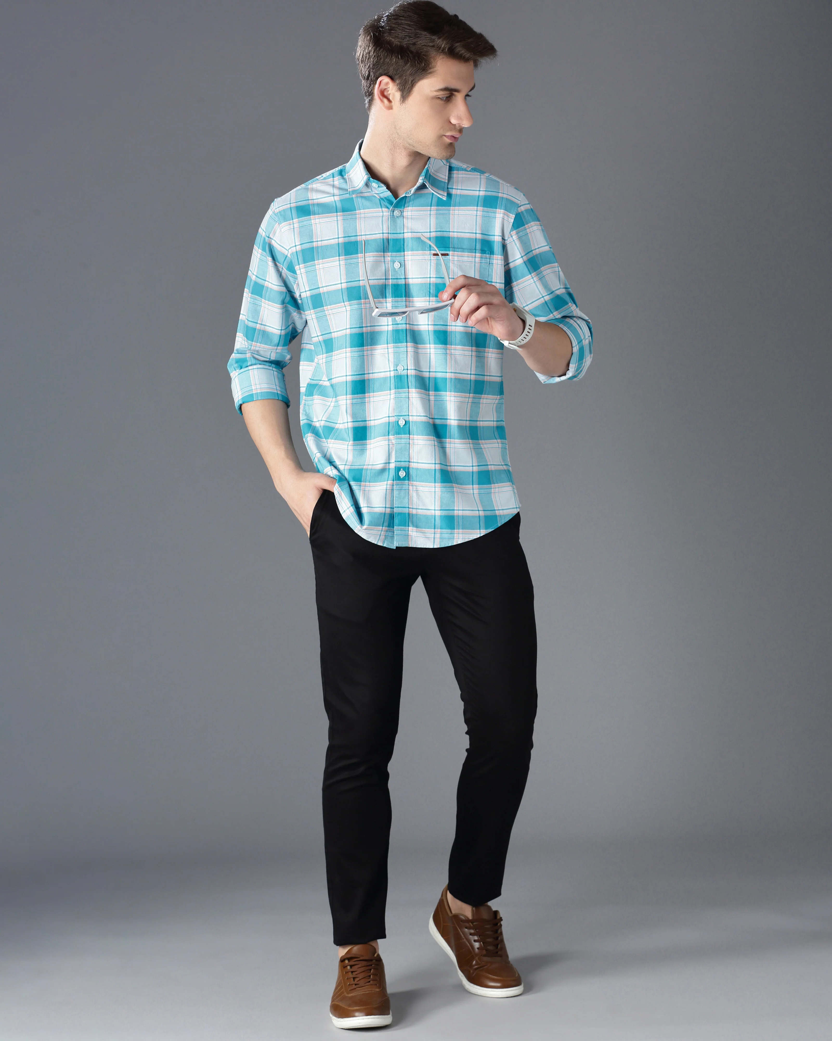Men Blue Cotton Slim Shirt - Image 7