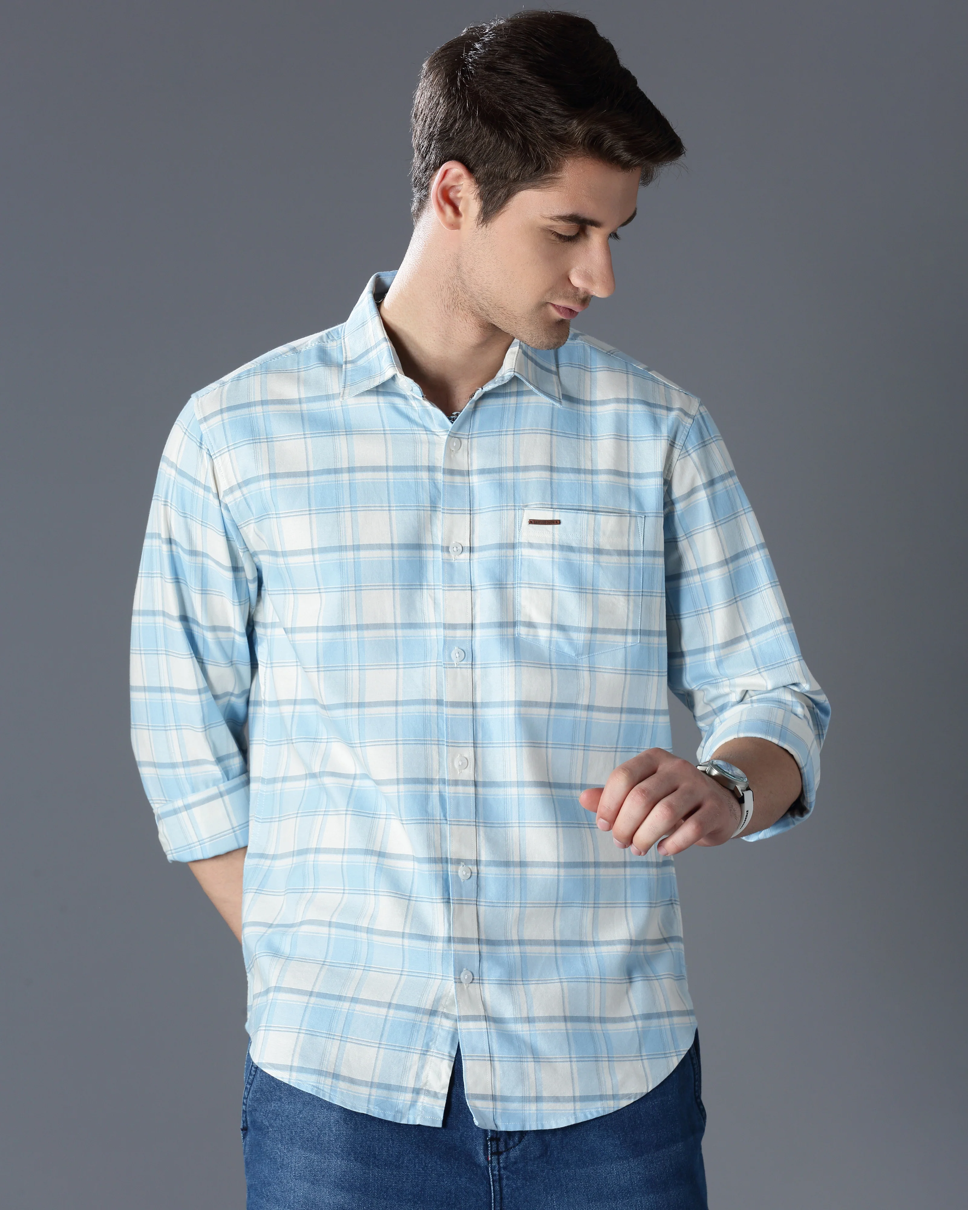 Men Blue Cotton Slim Shirt