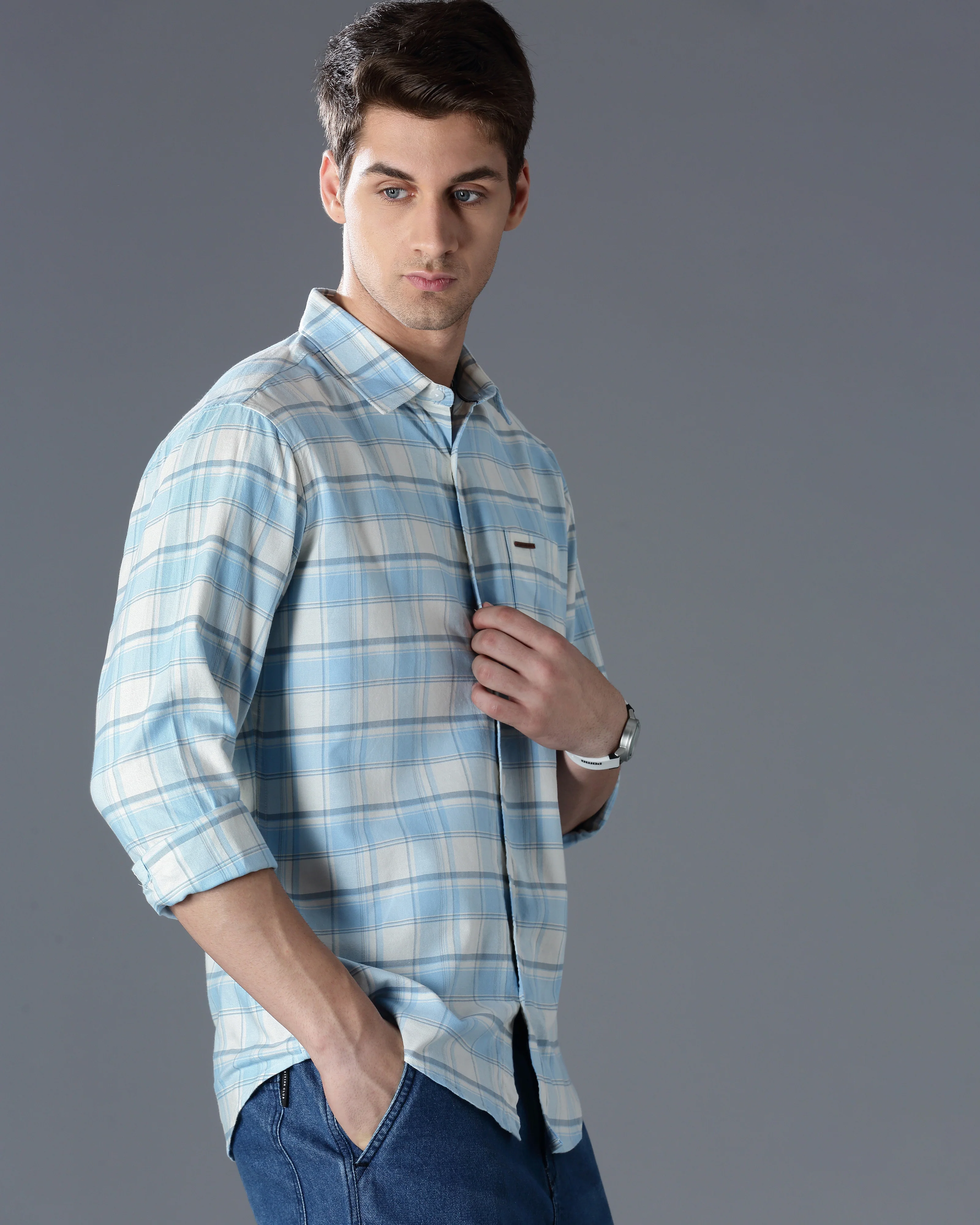 Men Blue Cotton Slim Shirt - Image 2