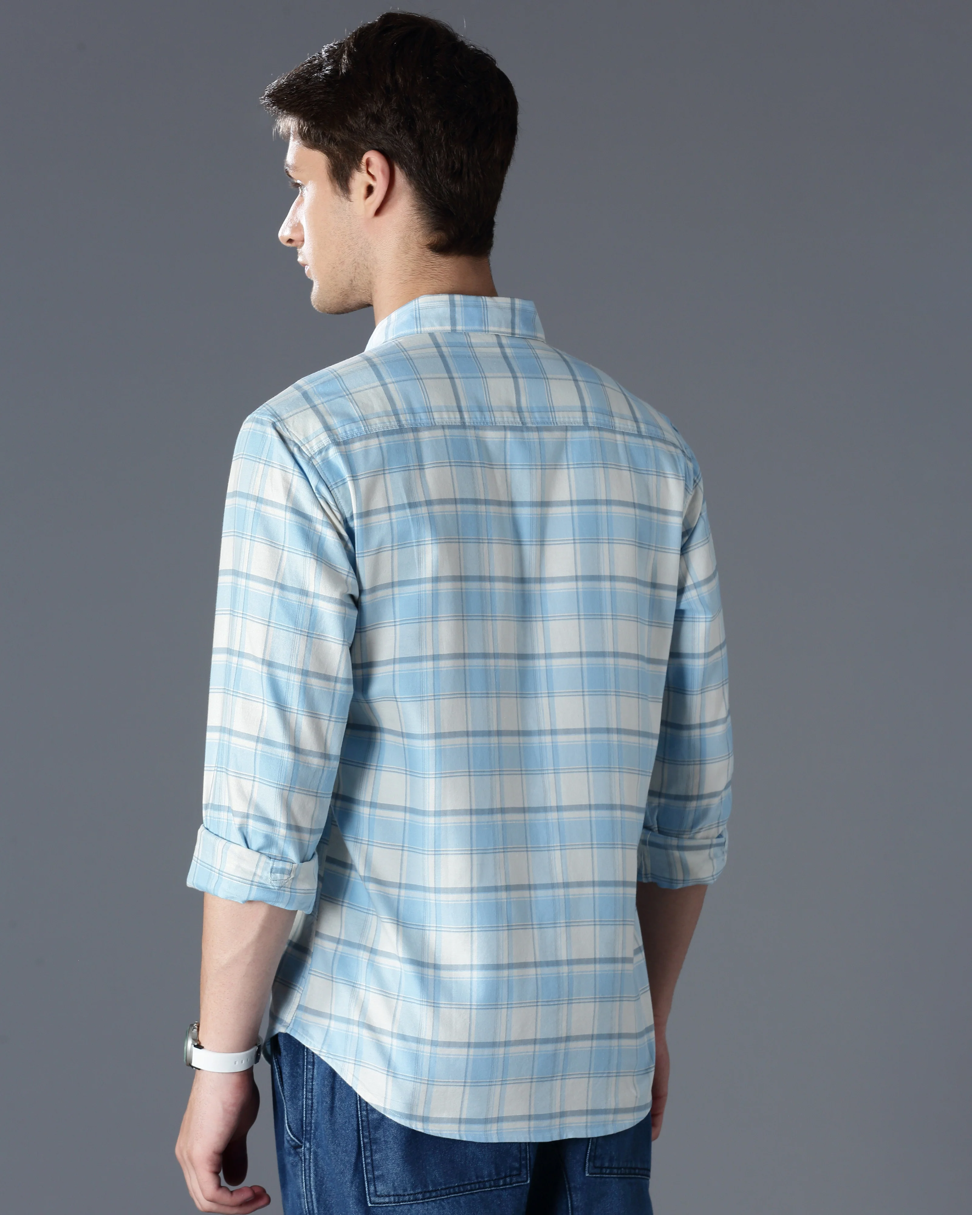 Men Blue Cotton Slim Shirt - Image 3