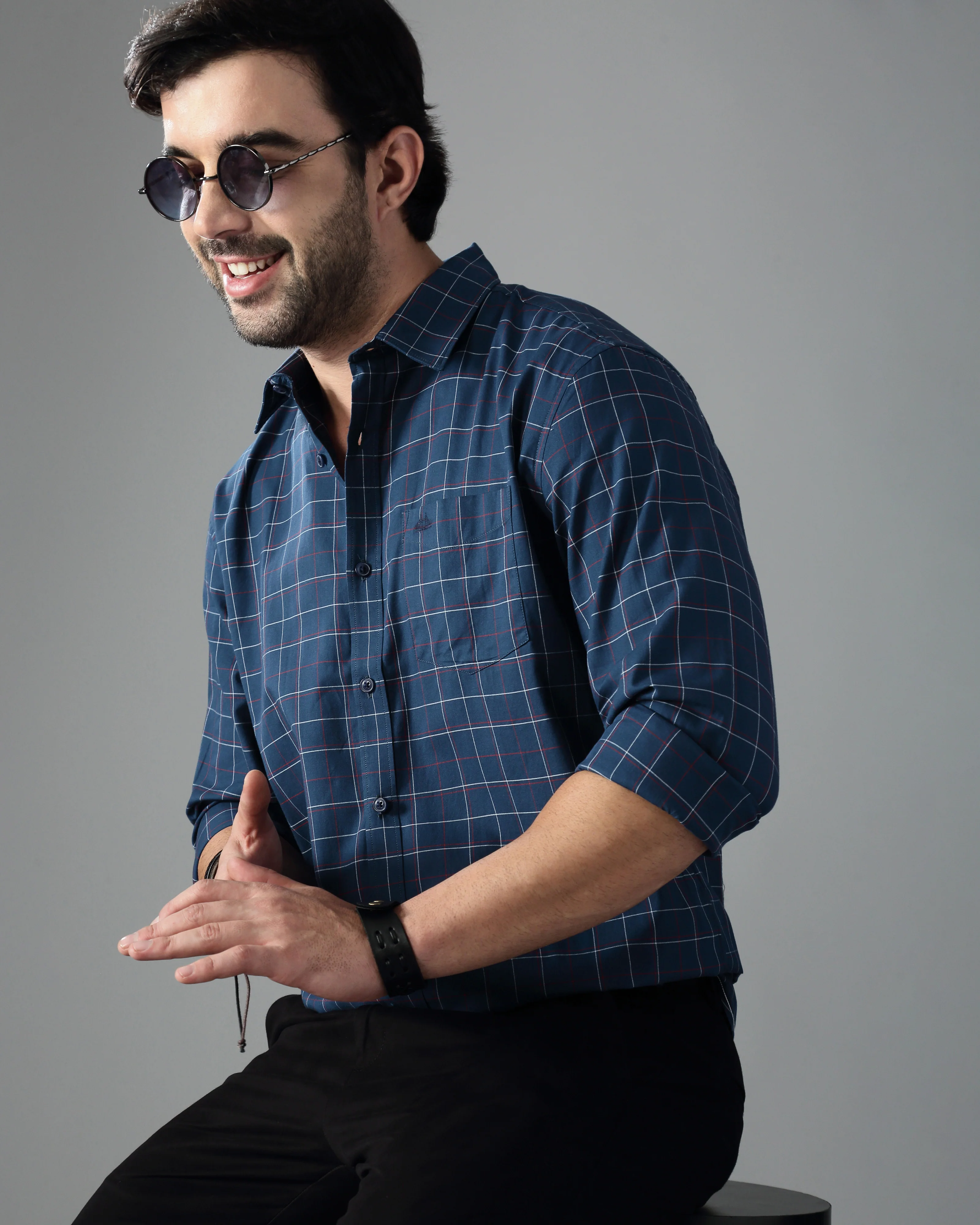 Men Blue Cotton Slim Shirt - Image 2