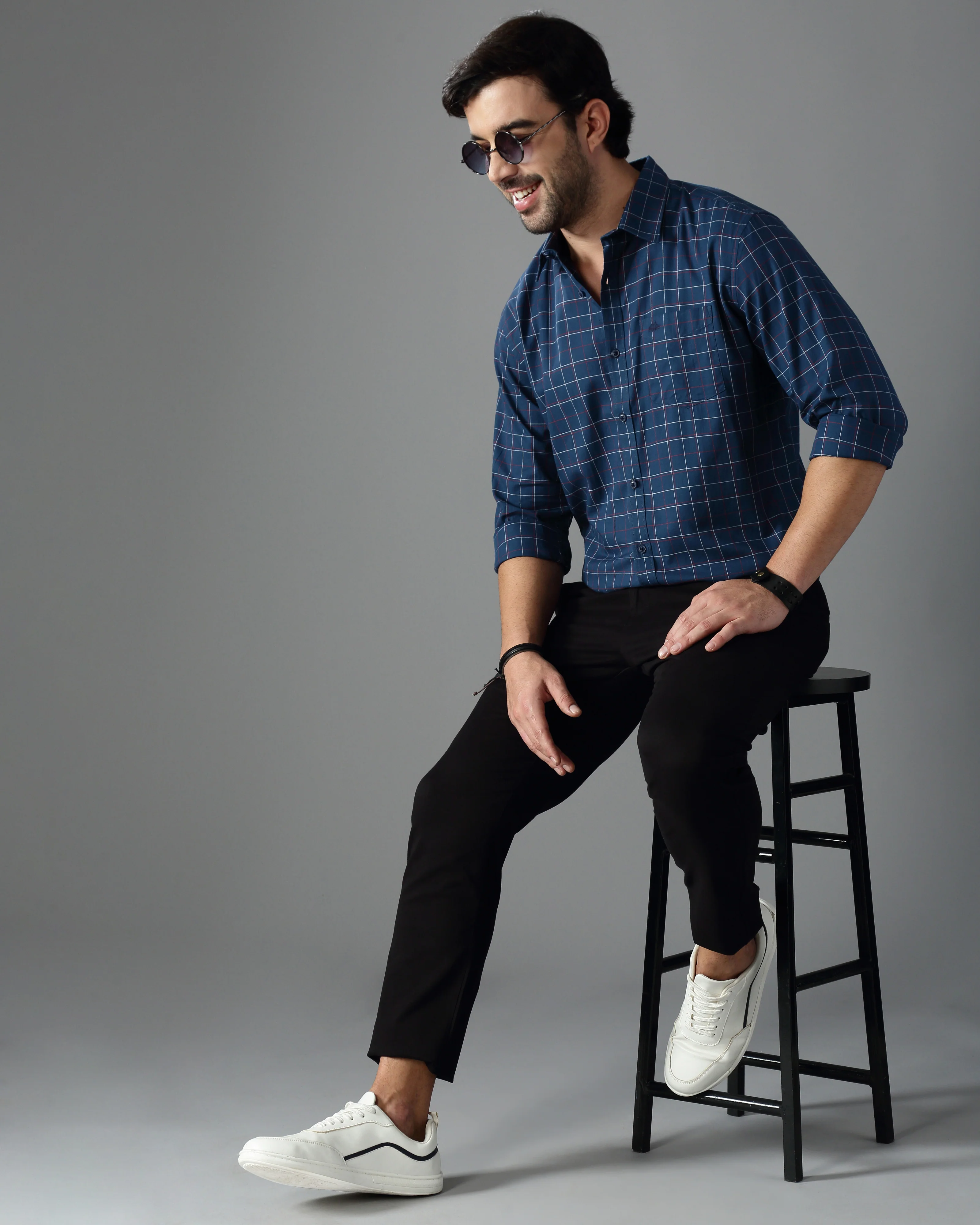 Men Blue Cotton Slim Shirt - Image 6